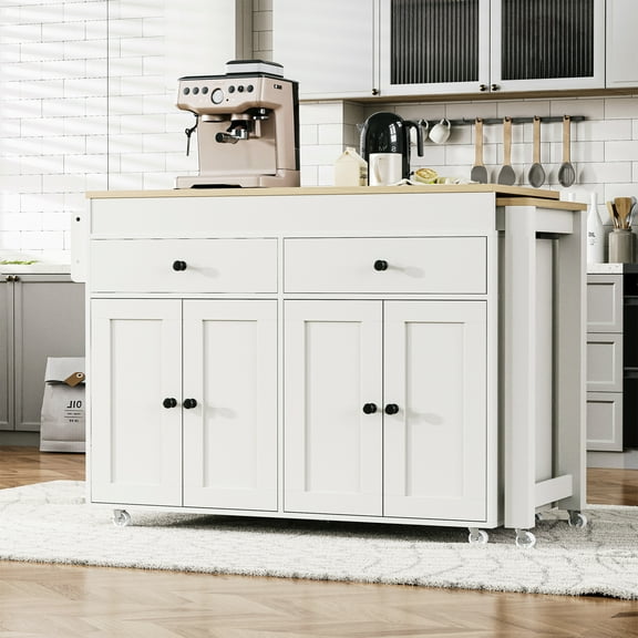 MAYEERTY 74.5" Kitchen Island with Extendable Dining Table, Rolling Wheels, Spice Rack, 2 Drawers & 4-Door Storage Cabinet, White