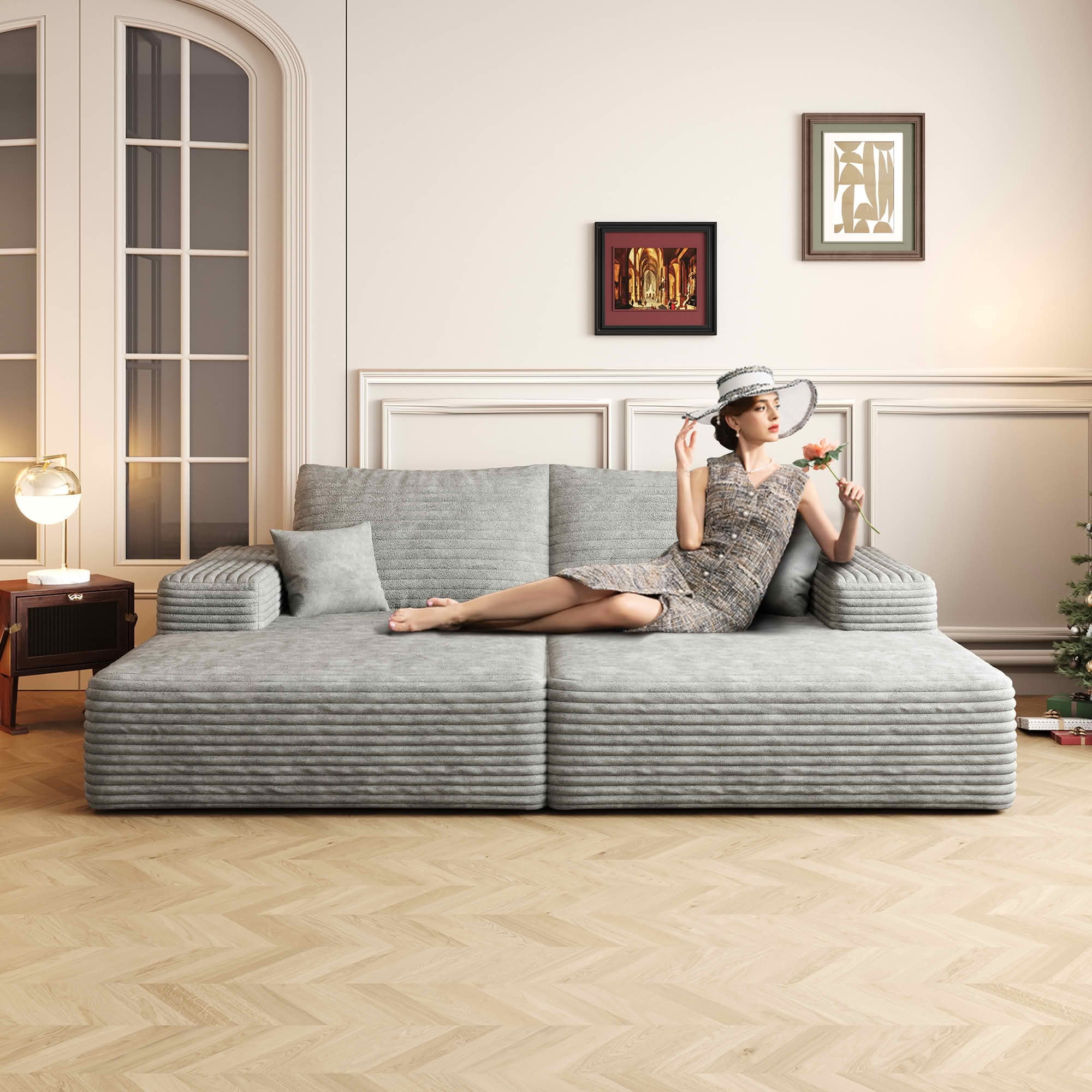 MAYEERTY 74.8" Ribbed Textured Corduroy Square Modular Floor Sofa, Oversized Deep Seat Cloud Loveseat Futon Sofa Bed, Chaise Lounger for Small Apartment Bonus Room, No Assembly Required