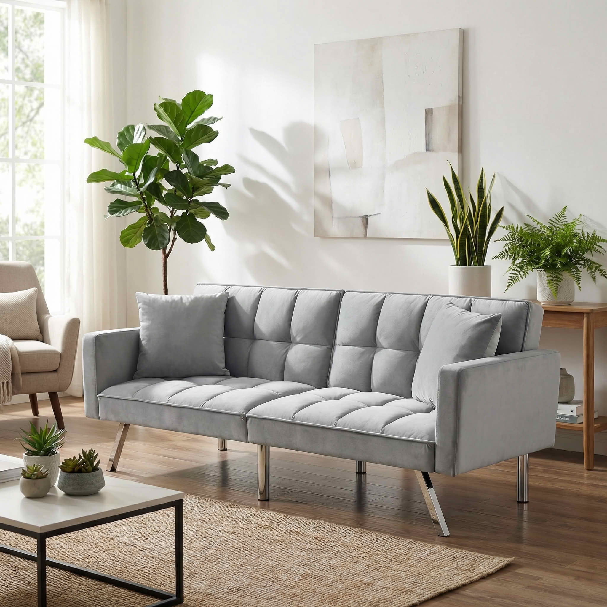 MAYEERTY 74" Convertible Futon Sofa Bed, Twin Size 2-Seater Sleeper Couch with 5-Position Adjustable Backrest, Velvet Sofa for Home Office Guest Room, Light Gray