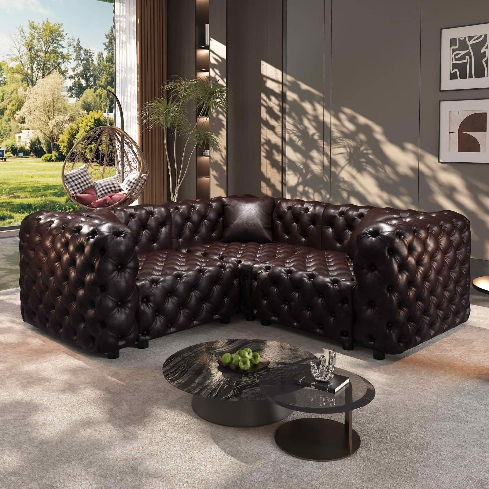 MAYEERTY 75.1 Inch L‑Shape Faux‑Leather 3‑Seat Modular Sofa, Handcrafted Button Tufted Couch with 3 Pillows for Living Room & Small Apartment