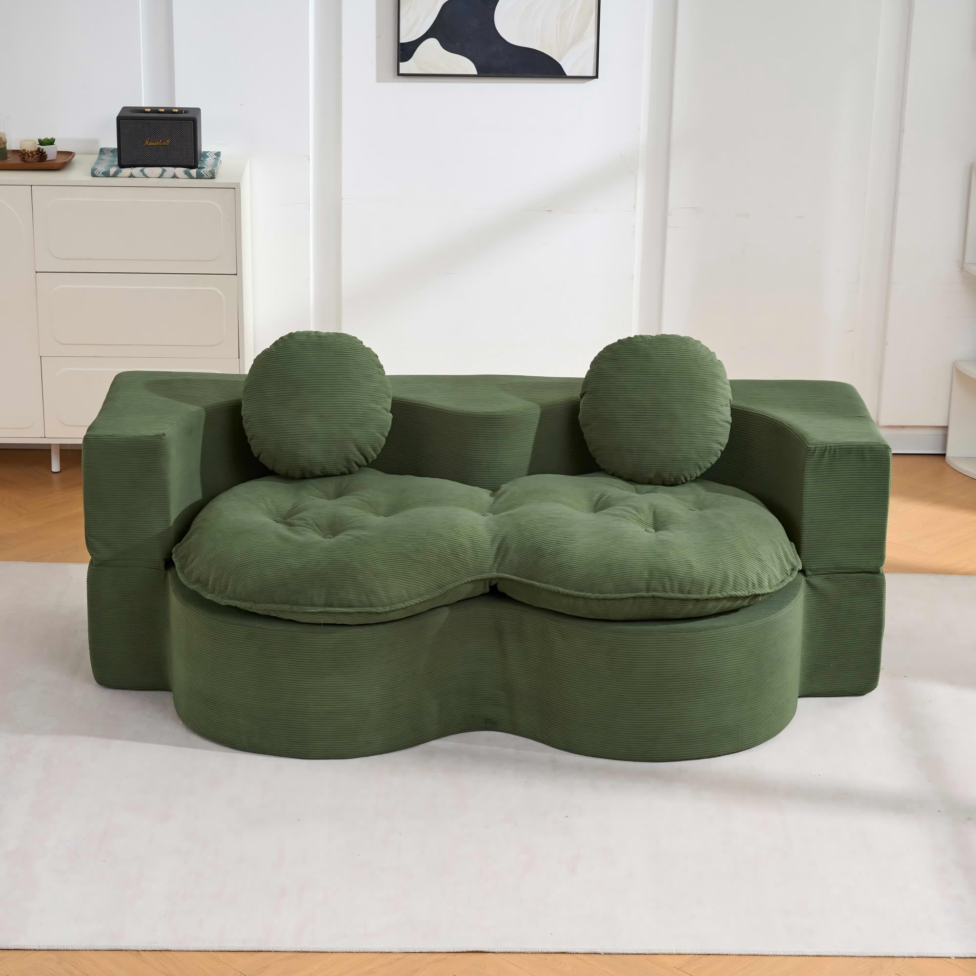 MAYEERTY 75" Convertible Corduroy Sleeper Sofa Bed, Green Foldable High Density Foam Loveseat with 2 Pillows for Living Room Bedroom Apartment