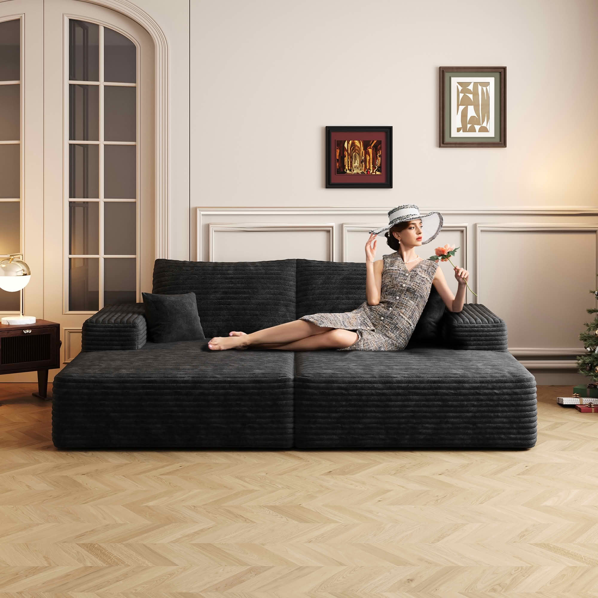 MAYEERTY 75-Inch Plush Corduroy Sofa Bed, Dual Sleeper Reclining Lounger Couch No Assembly Required for Bonus Room Living Room