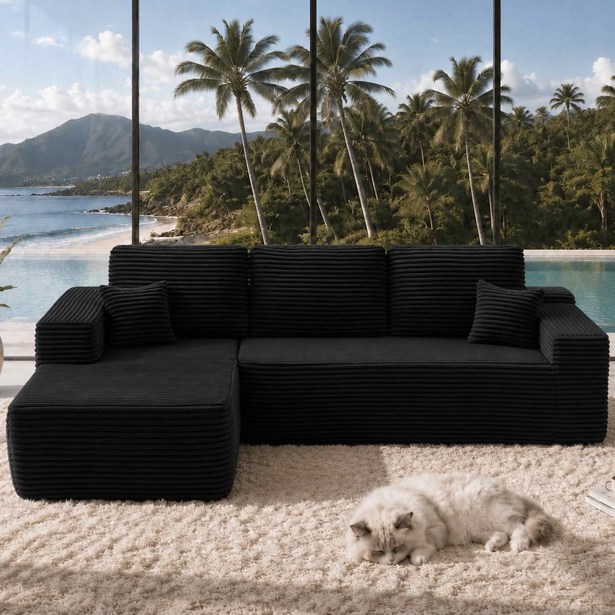 MAYEERTY 104 Inch Black Cloud Sectional Sofa, L-Shaped Left-Facing Modular Plush Corduroy Couch with Side Pockets, 3-Seater Deep Seating Sofa No Assembly Required for Living Room Bedroom