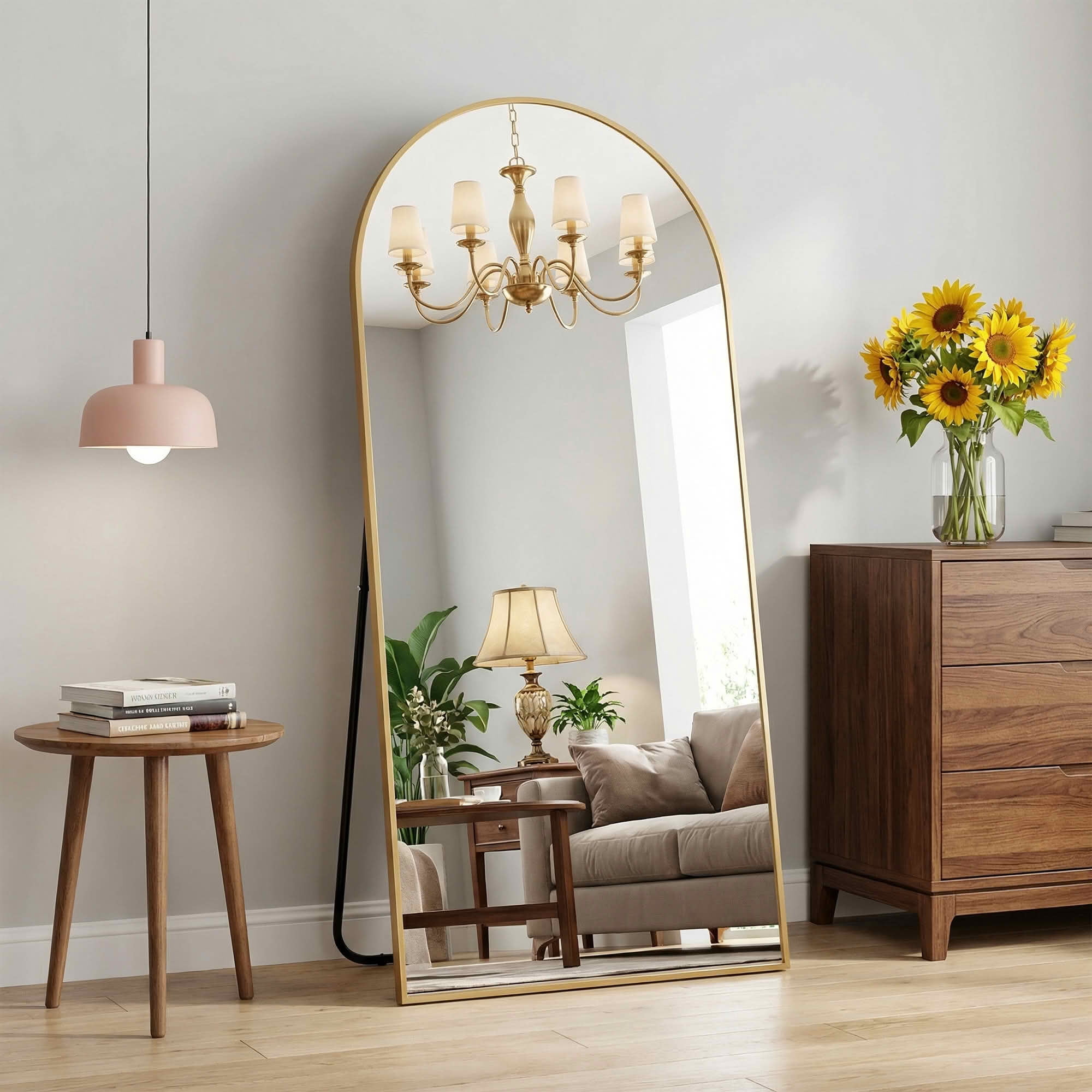 MAYEERTY 75x36x1 Inch Gold Thin Edge Aluminum Right Angle Arched Full Length Mirror with Stand for Bedroom