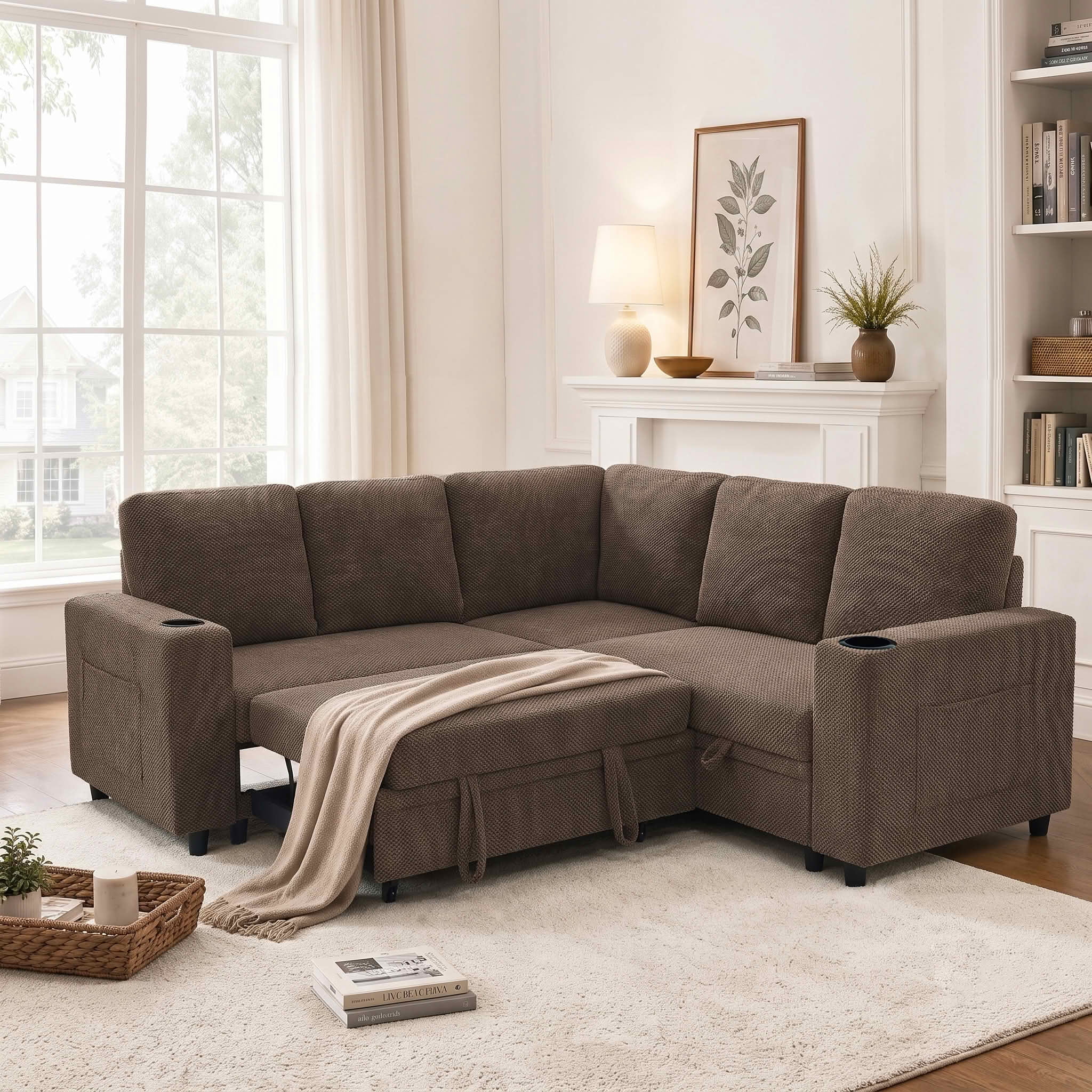 MAYEERTY 76.5 Inch L‑Shape Convertible Sectional Sofa Bed, Nubby Fabric Corner Couch with Pull‑Out Sleeper, Storage, Cup Holders and Side Pockets
