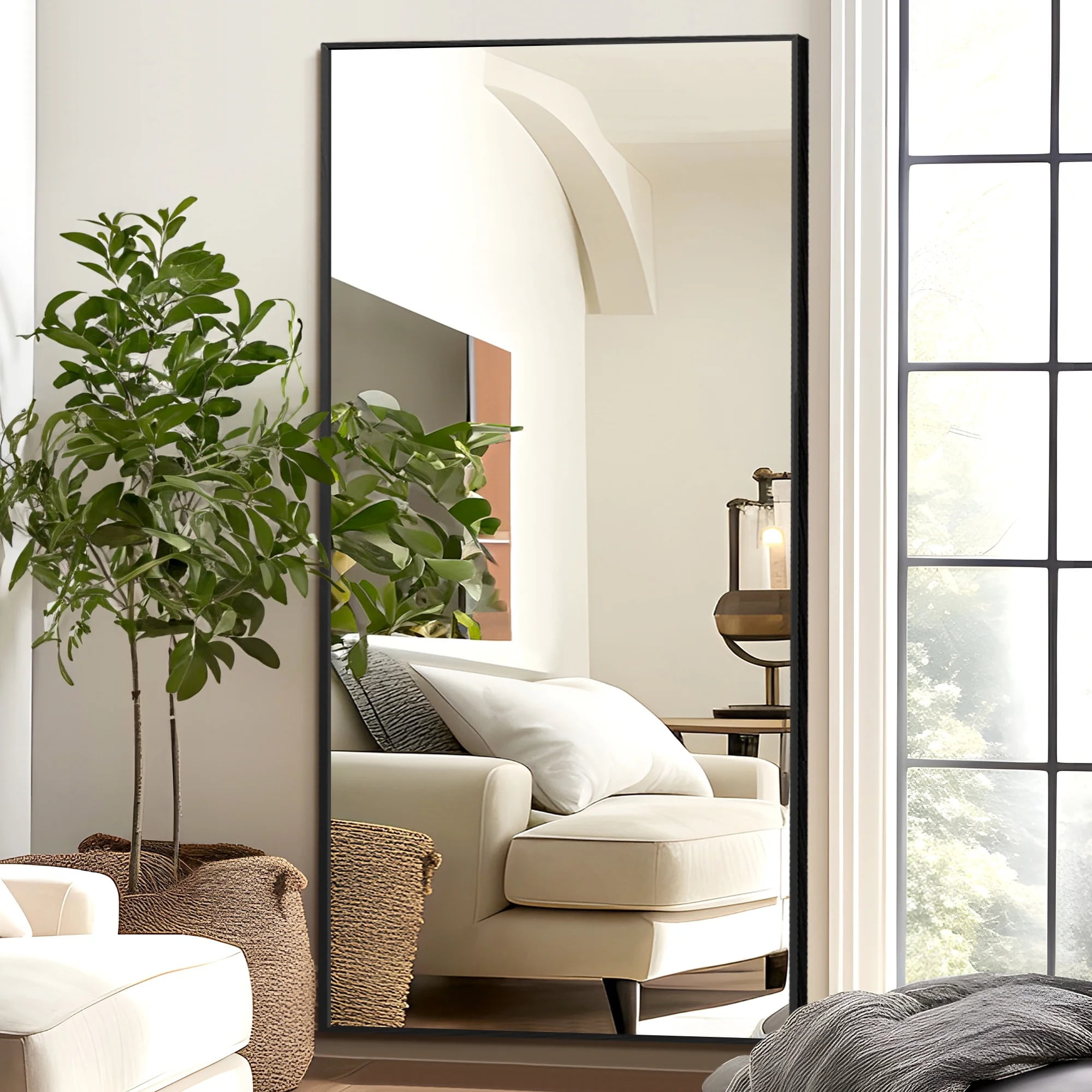 MAYEERTY 76"x35" Rectangle Full Length Mirror Oversized Floor Mirror with Bracket, Aluminium Alloy Framed, Black