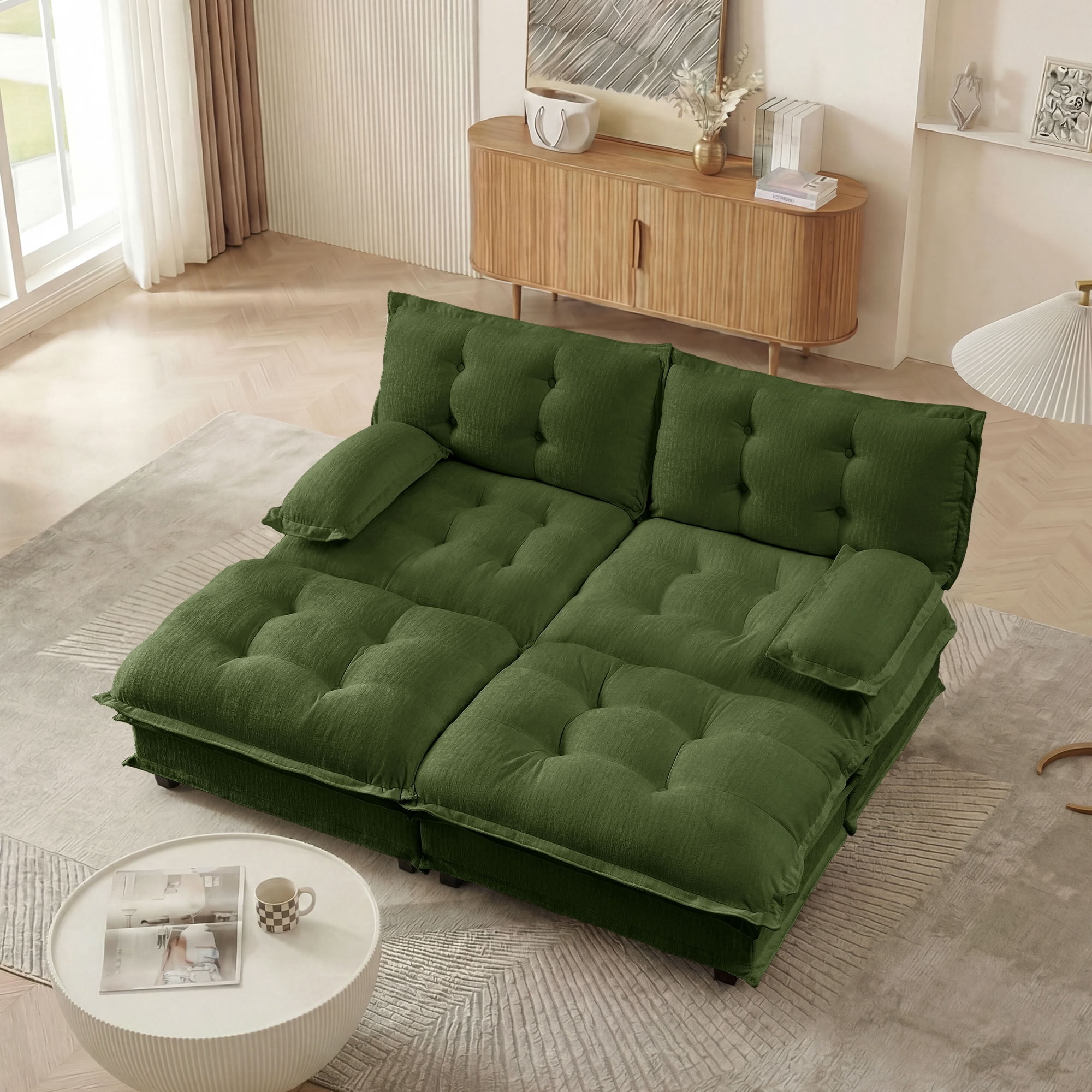 MAYEERTY 77" Cloud Modular Sleeper Sofa with Dual Ottomans, Chenille 2-Seat Sectional Couch for Home & Small Apartment