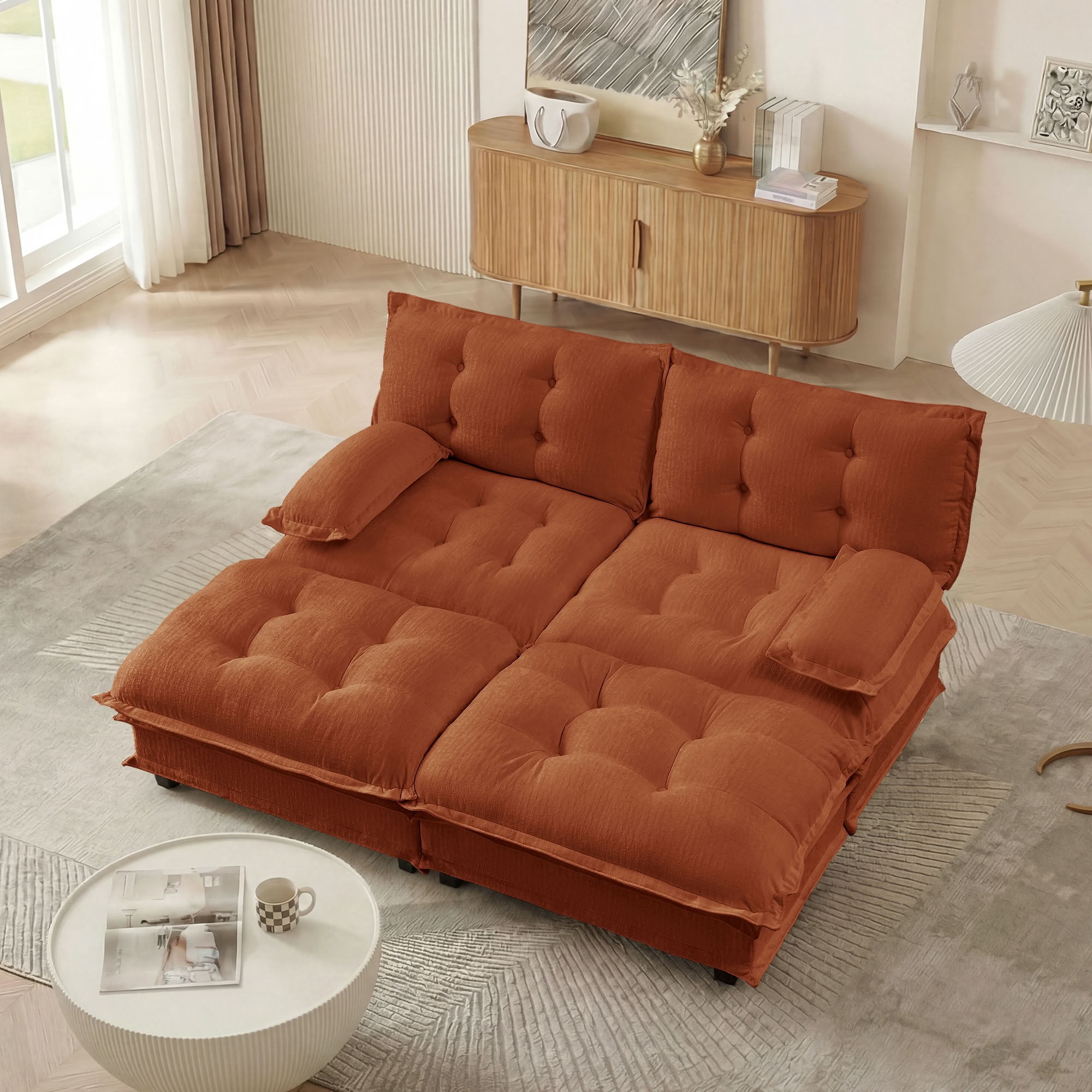 MAYEERTY 77" Cloud Modular Sleeper Sofa with Dual Ottomans, Chenille 2-Seat Sectional Couch for Home & Small Apartment