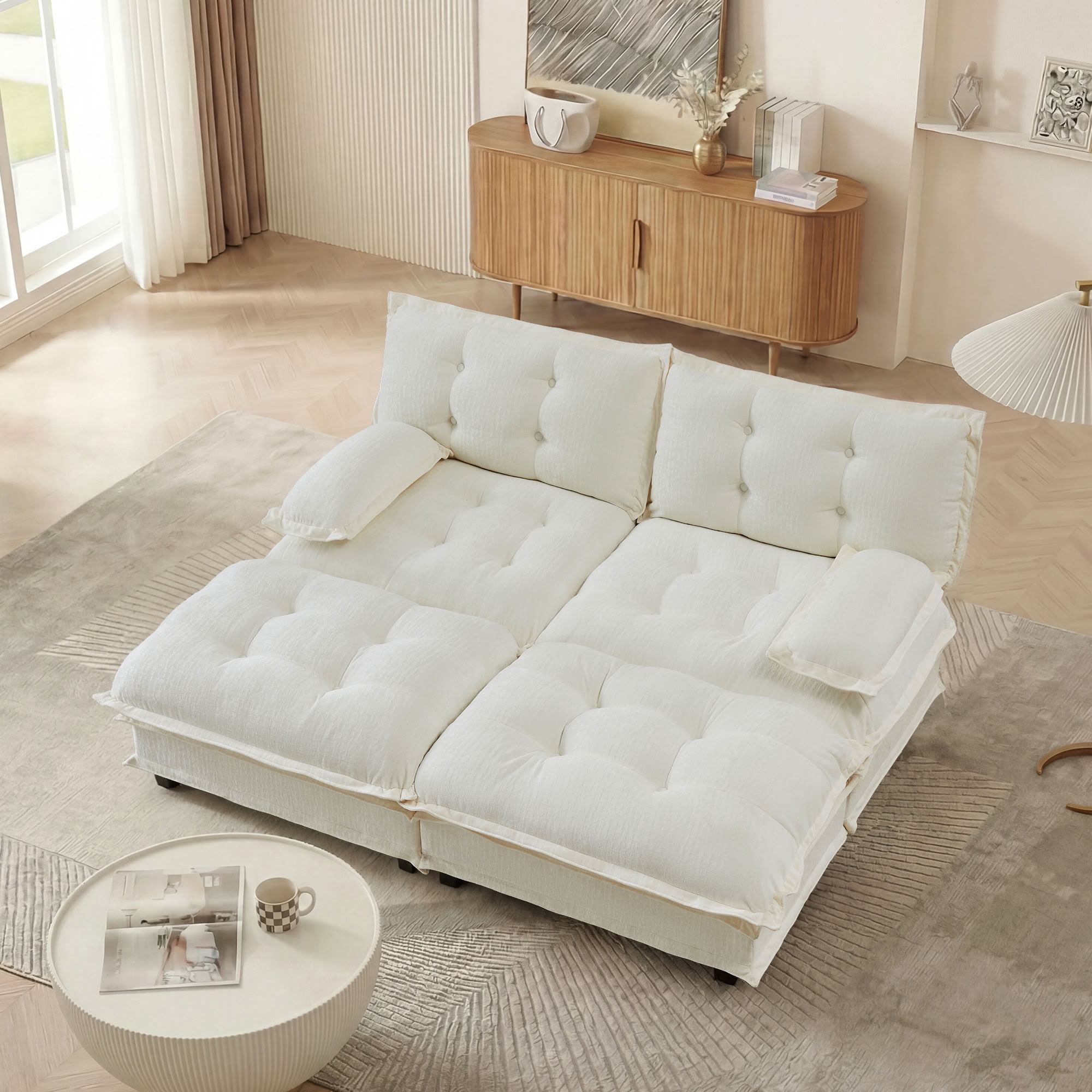 MAYEERTY 77" Cloud Modular Sleeper Sofa with Dual Ottomans, Chenille 2-Seat Sectional Couch for Home & Small Apartment