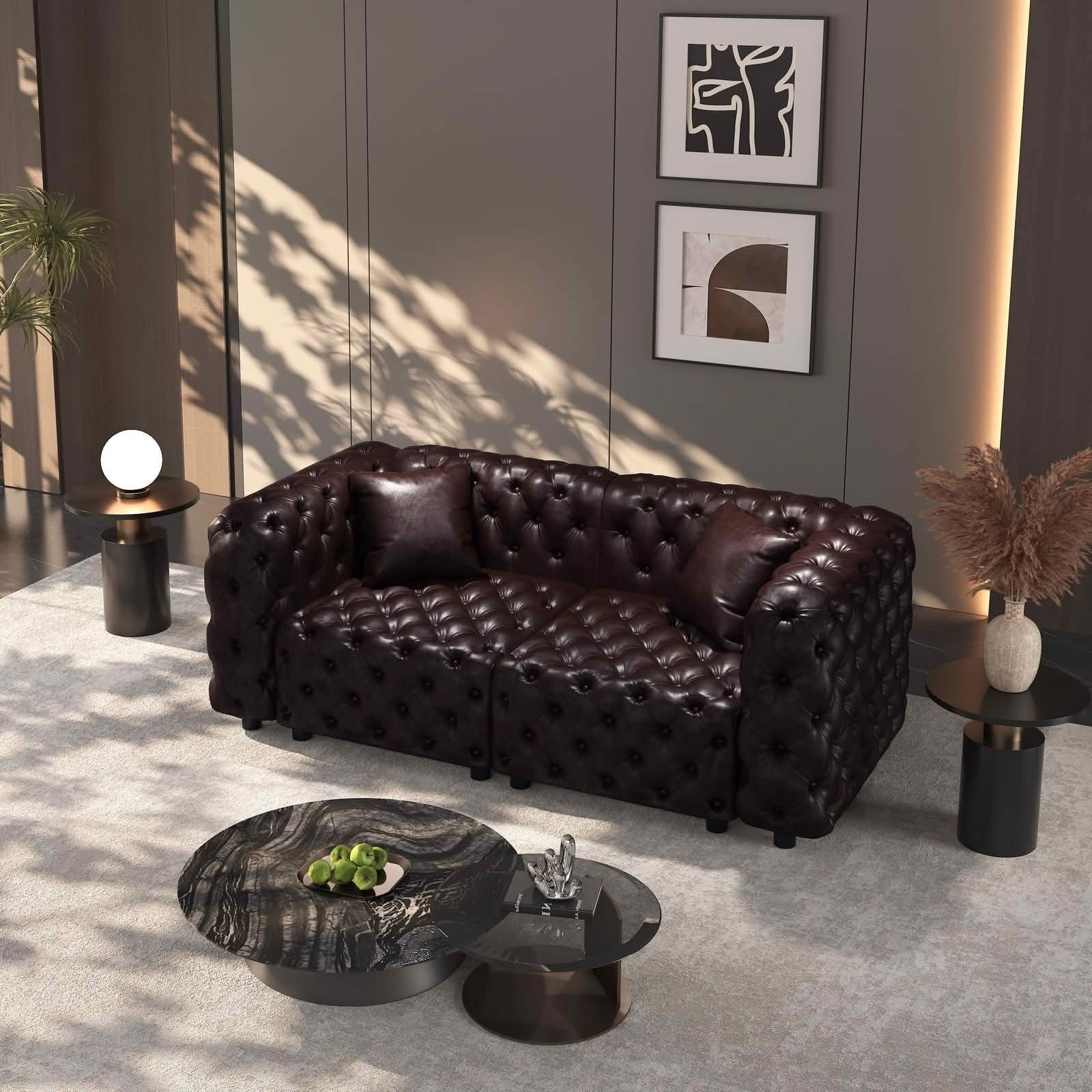 MAYEERTY 77 Inch Faux‑Leather 2‑Seat Modular Sofa, Handcrafted Button Tufted Couch with 2 Pillows, Multi‑Layout for Living Room & Small Apartment