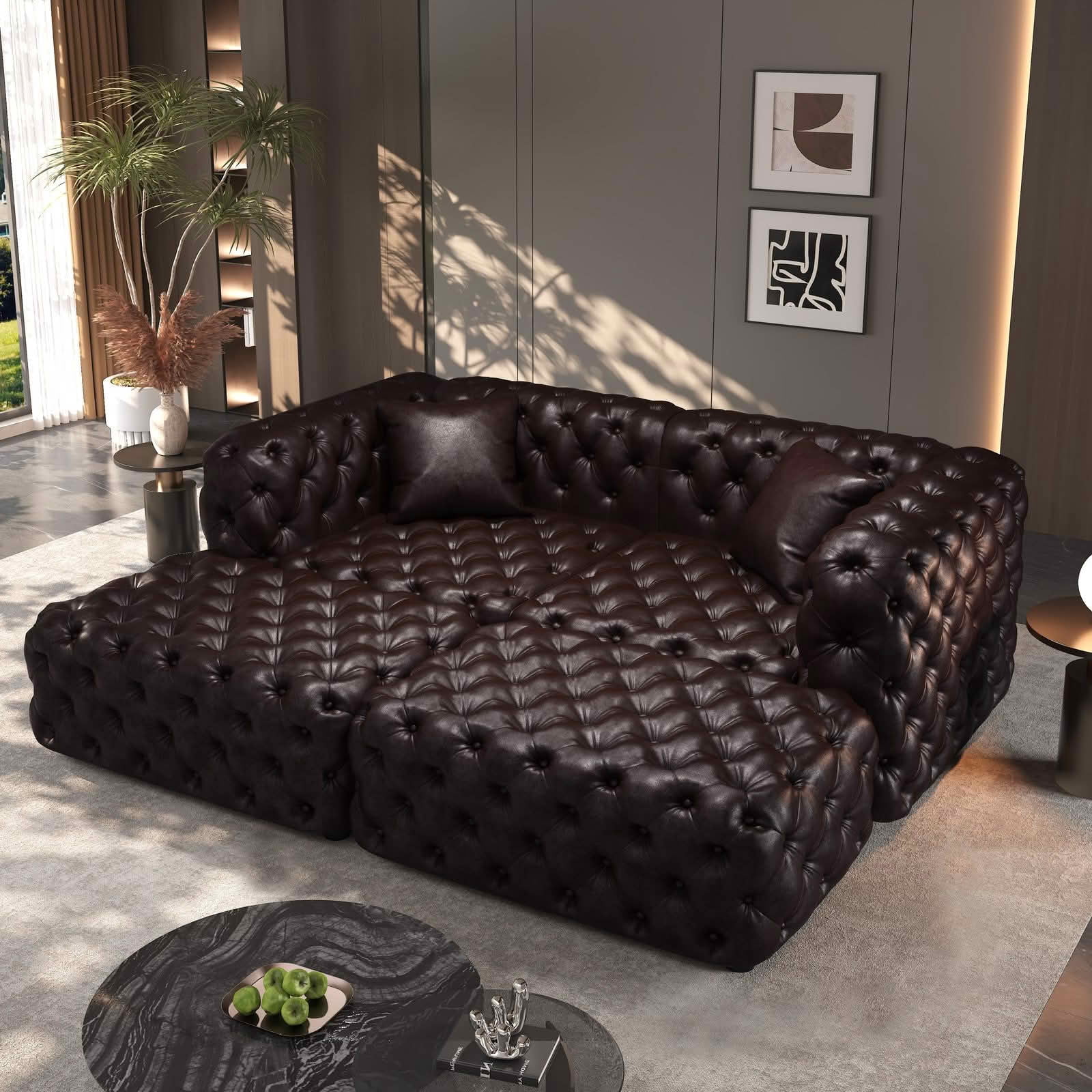 MAYEERTY 77 Inch Faux‑Leather 2‑Seat Modular Sofa Set, Handcrafted Button Tufted Couch with 2 Ottomans & 2 Pillows for Living Room & Small Apartment