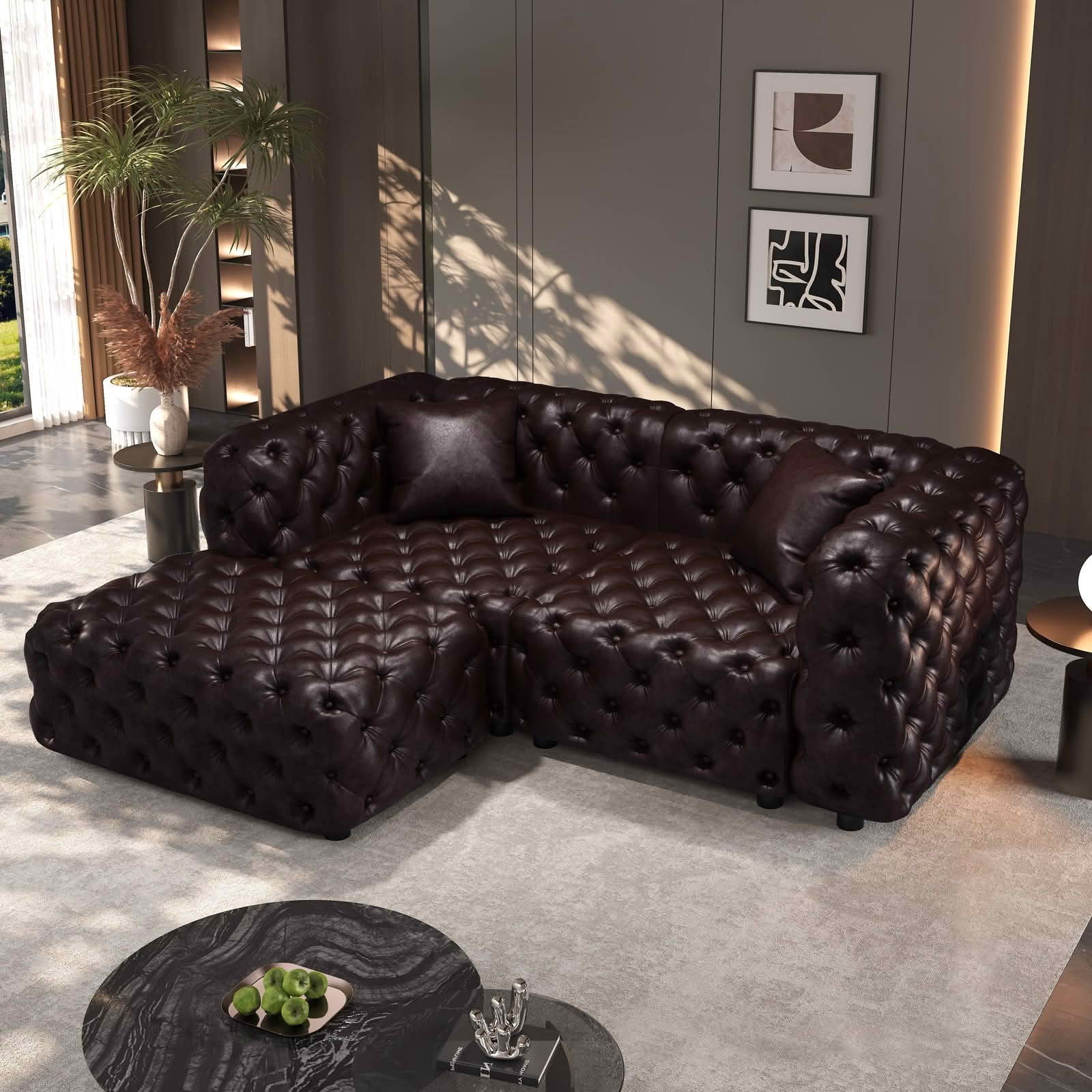 MAYEERTY 77 Inch Faux‑Leather 2‑Seat Modular Sofa Set, Handcrafted Button Tufted Couch with Ottoman & 2 Pillows for Living Room & Small Apartment