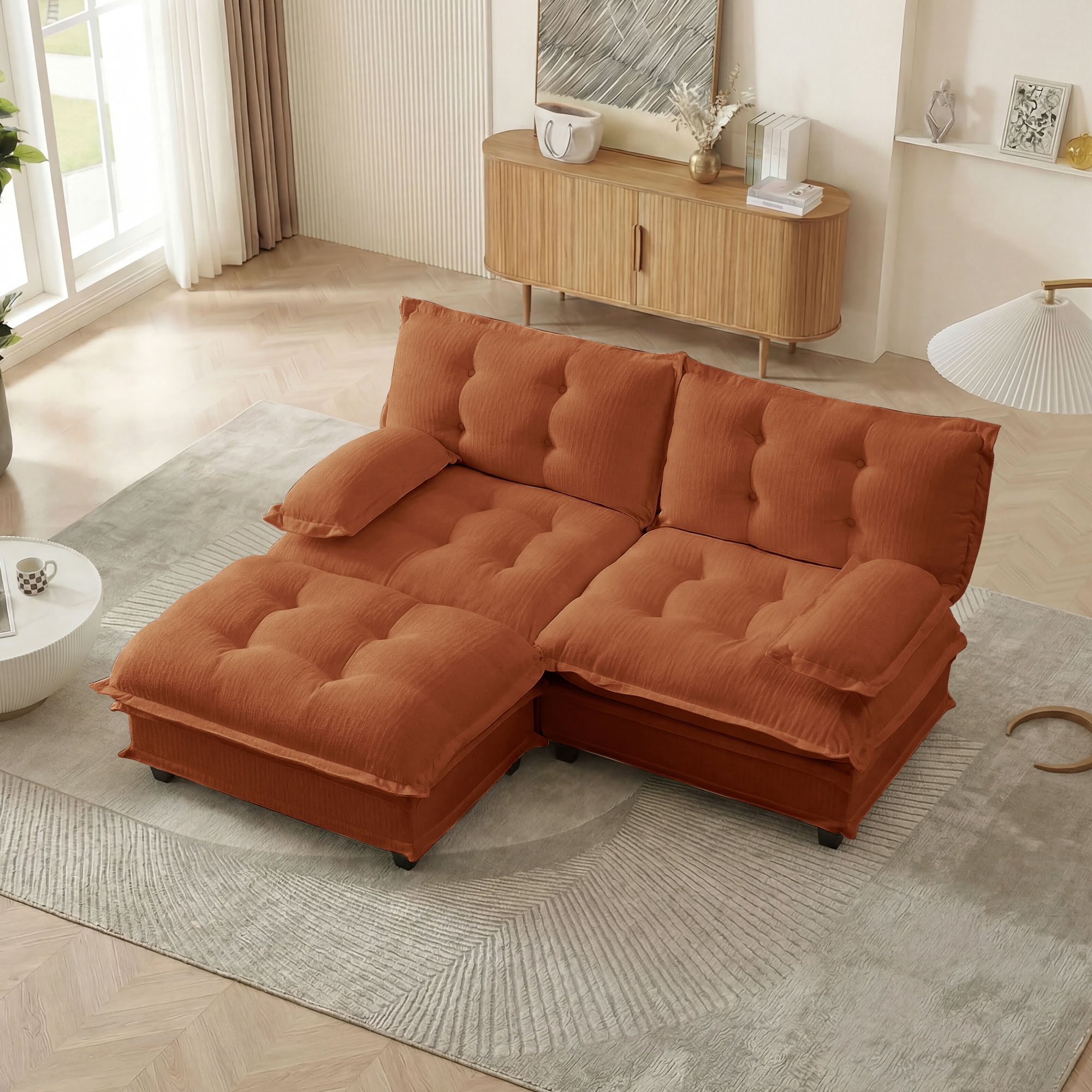 MAYEERTY 77 Inch L-Shaped Sectional Sofa with Ottoman, Chenille 2-Seat Modular Couch, Solid Wood & Metal Frame for Living Room Bedroom Apartment
