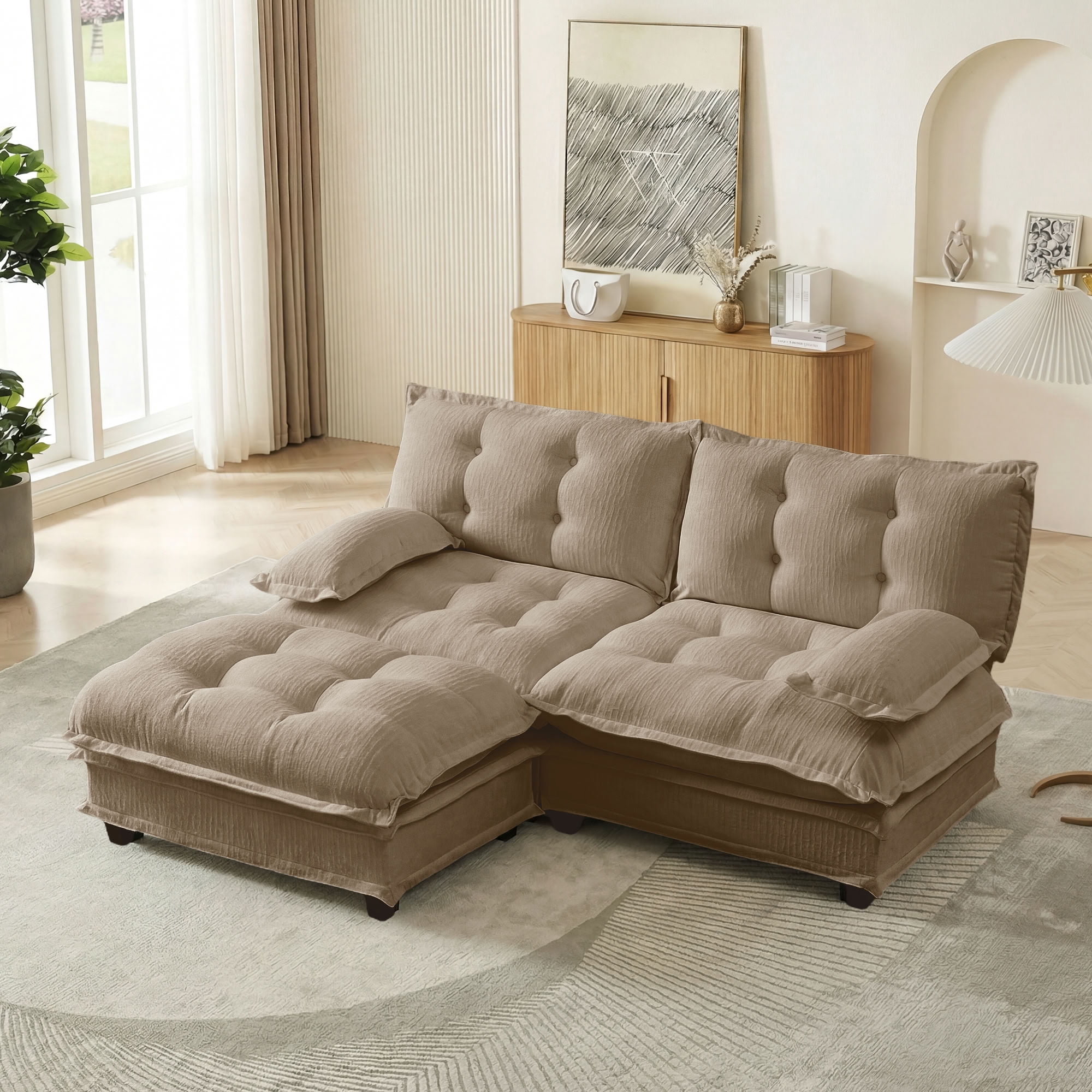 MAYEERTY 77 Inch L-Shaped Sectional Sofa with Ottoman, Chenille 2-Seat Modular Couch, Solid Wood & Metal Frame for Living Room Bedroom Apartment