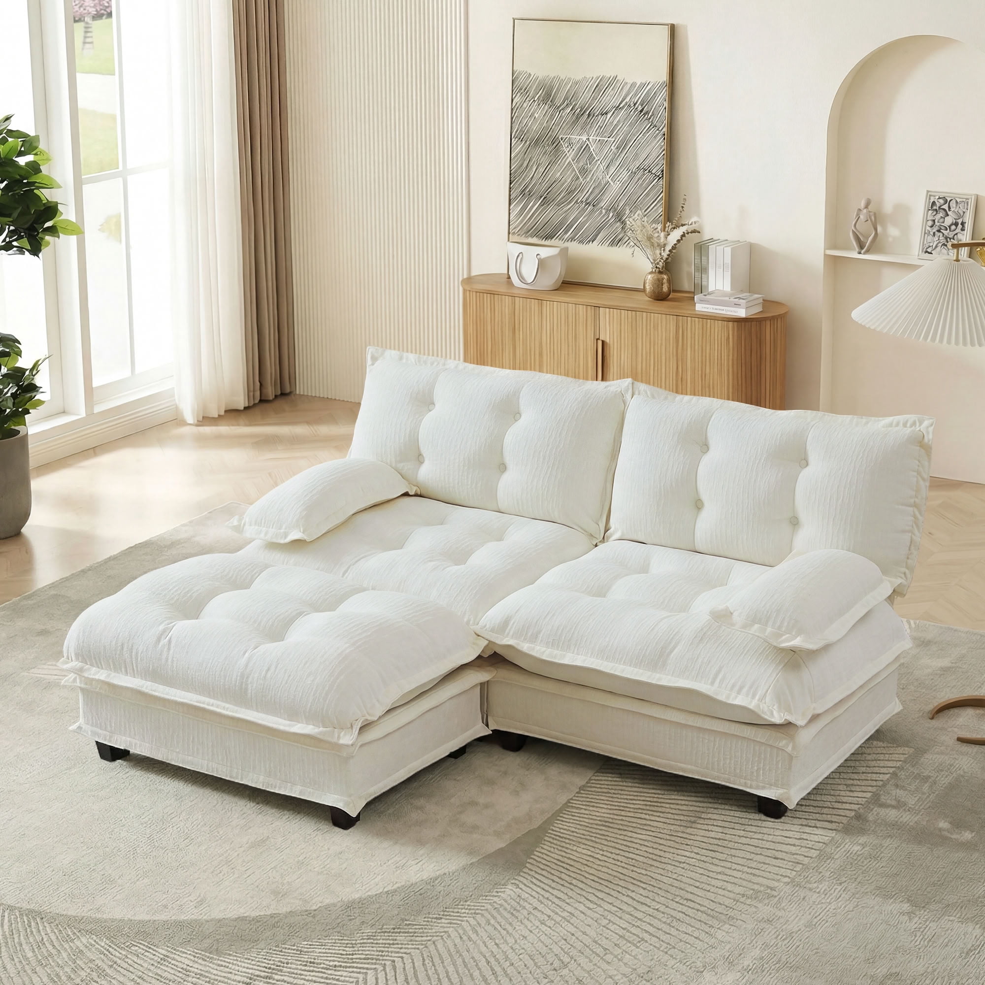 MAYEERTY 77 Inch L-Shaped Sectional Sofa with Ottoman, Chenille 2-Seat Modular Couch, Solid Wood & Metal Frame for Living Room Bedroom Apartment