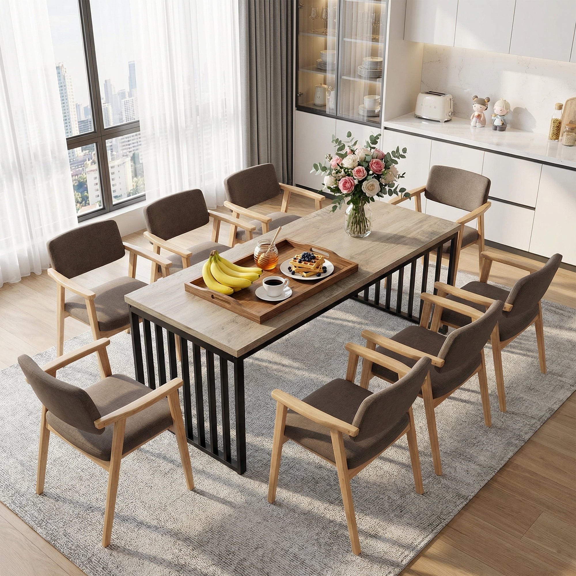 MAYEERTY 78.74 Inch Rectangular Industrial Dining Table, Rustic Wood Grain Kitchen Dinner Table with Black Metal Frame for 6 to 8 People