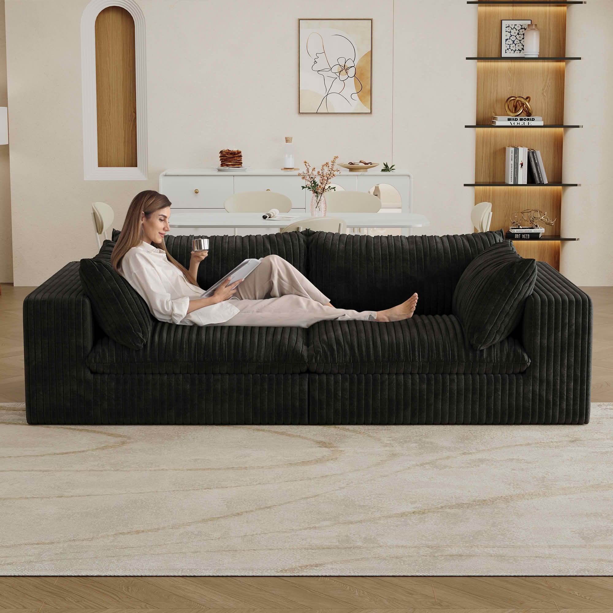 MAYEERTY 78.8" 2-Seat Corduroy Sofa, Feather-Filled Cushion Modular Design, Full Sponge Support No Wooden Frame, No Assembly, Black