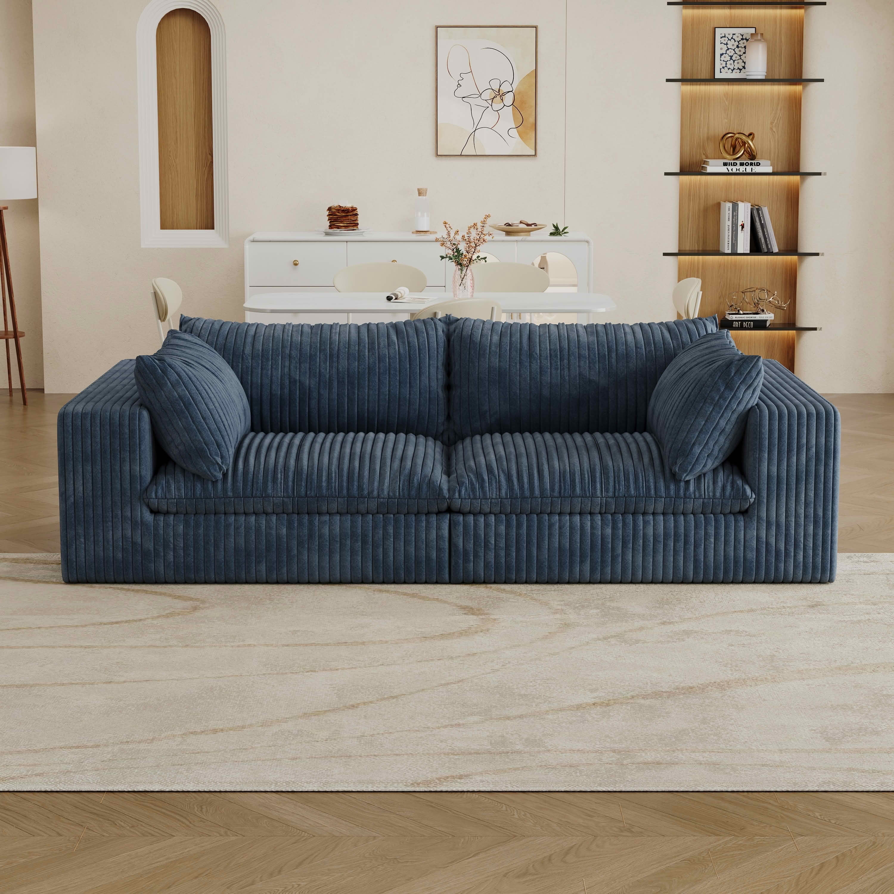 MAYEERTY 78.8" 2-Seat Corduroy Sofa, Feather-Filled Cushion Modular Design, Full Sponge Support No Wooden Frame, No Assembly, Blue