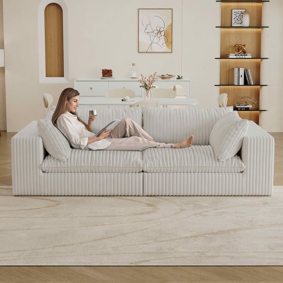 MAYEERTY 78.8" 2-Seat Corduroy Sofa, Feather-Filled Cushion Modular Design, Full Sponge Support No Wooden Frame, No Assembly, White