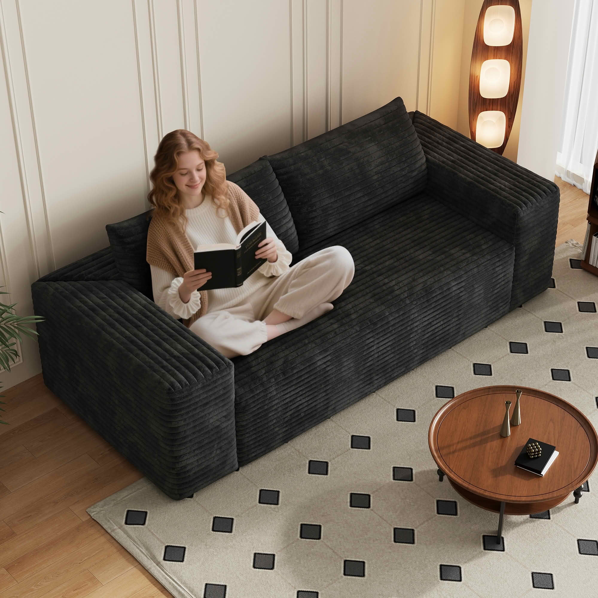 MAYEERTY 78.8" Black Corduroy Deep Seat Sofa, Comfy Ergonomic Loveseat with Supportive Cushions, No Assembly – Perfect for Family Gatherings at Home