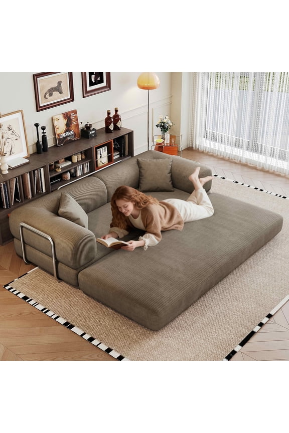 78.8" Corduroy Compression Sofa Bed, Convertible Futon Couch with Pillow Back Support,Camel
