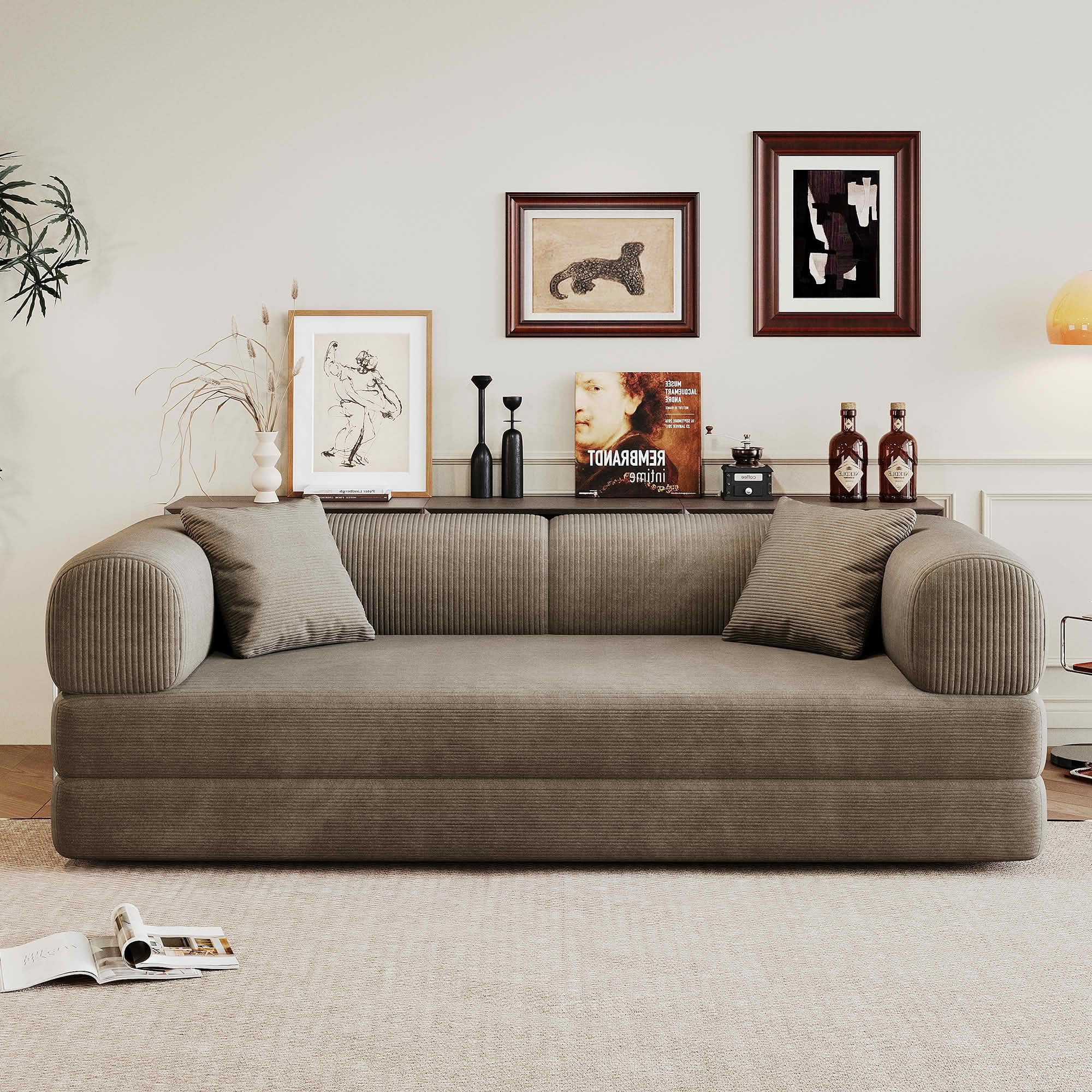 MAYEERTY 78.8 Inch Compression Convertible Floor Sofa Bed, Boneless Modular Sectional Loveseat Couch with Pillow Back & Armrest, Plush Corduroy Futon Sleeper Sofa for Living Room Bedroom