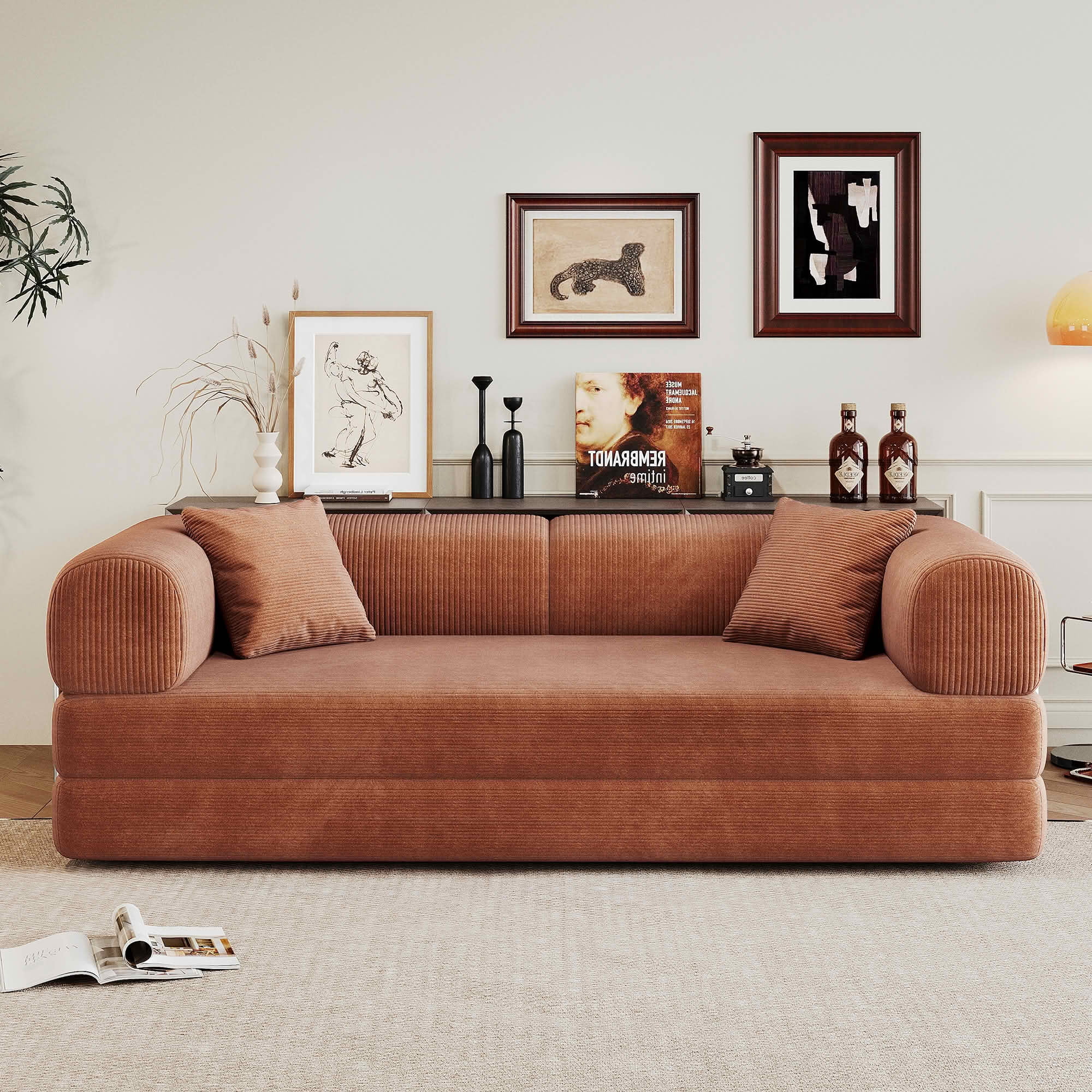 MAYEERTY 78.8 Inch Compression Convertible Floor Sofa Bed, Boneless Modular Sectional Loveseat Couch with Pillow Back & Armrest, Plush Corduroy Futon Sleeper Sofa for Living Room Bedroom