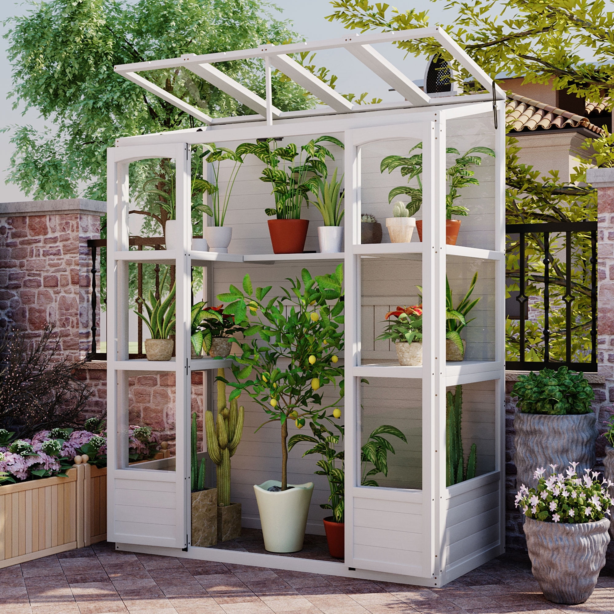 MAYEERTY 78'' Tall Walk-In Wooden Greenhouse with 4 Skylights and