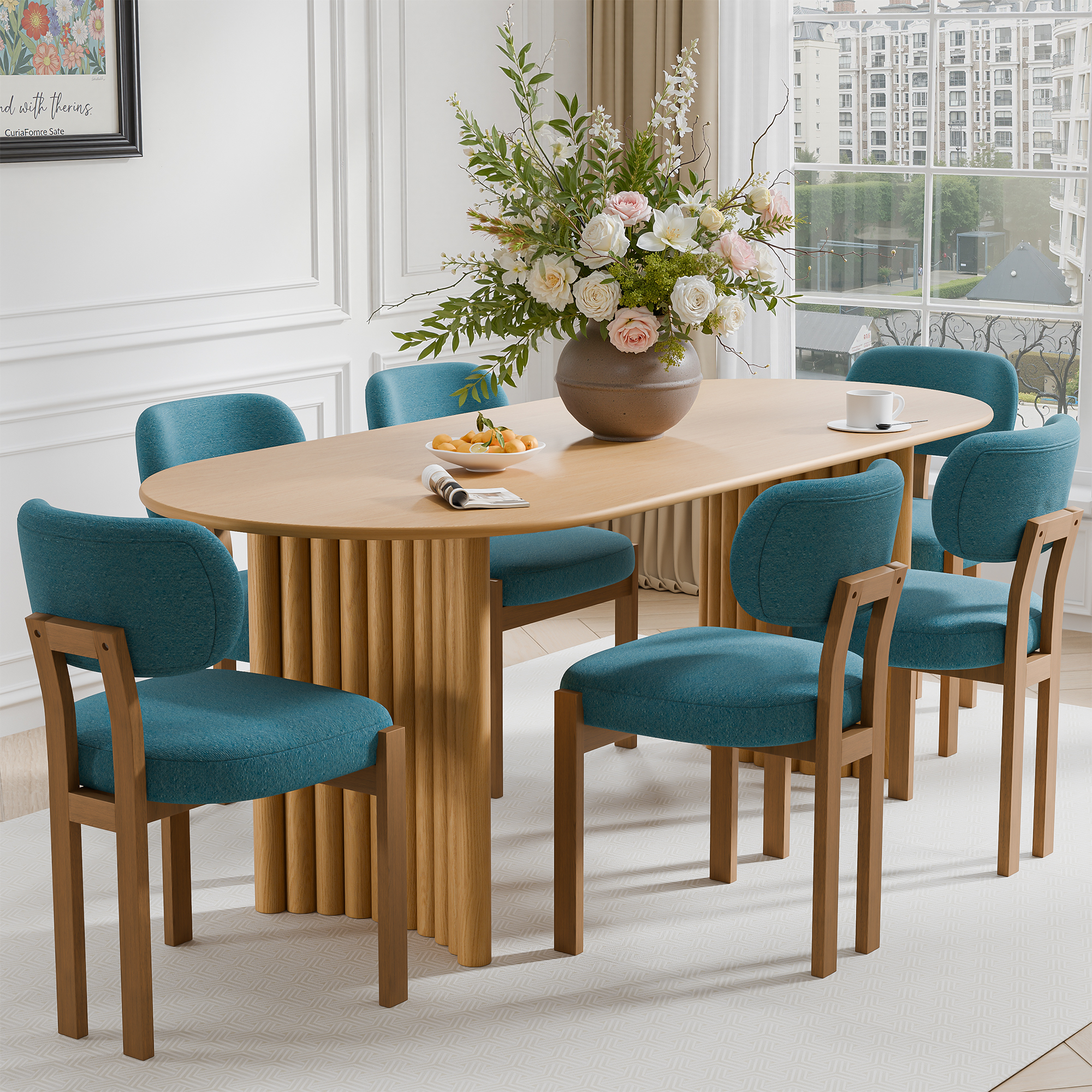 MAYEERTY 79"×33.5"×30" Natural Wood Oval Dining Table - Curved Legs, Elegant for Home Meals