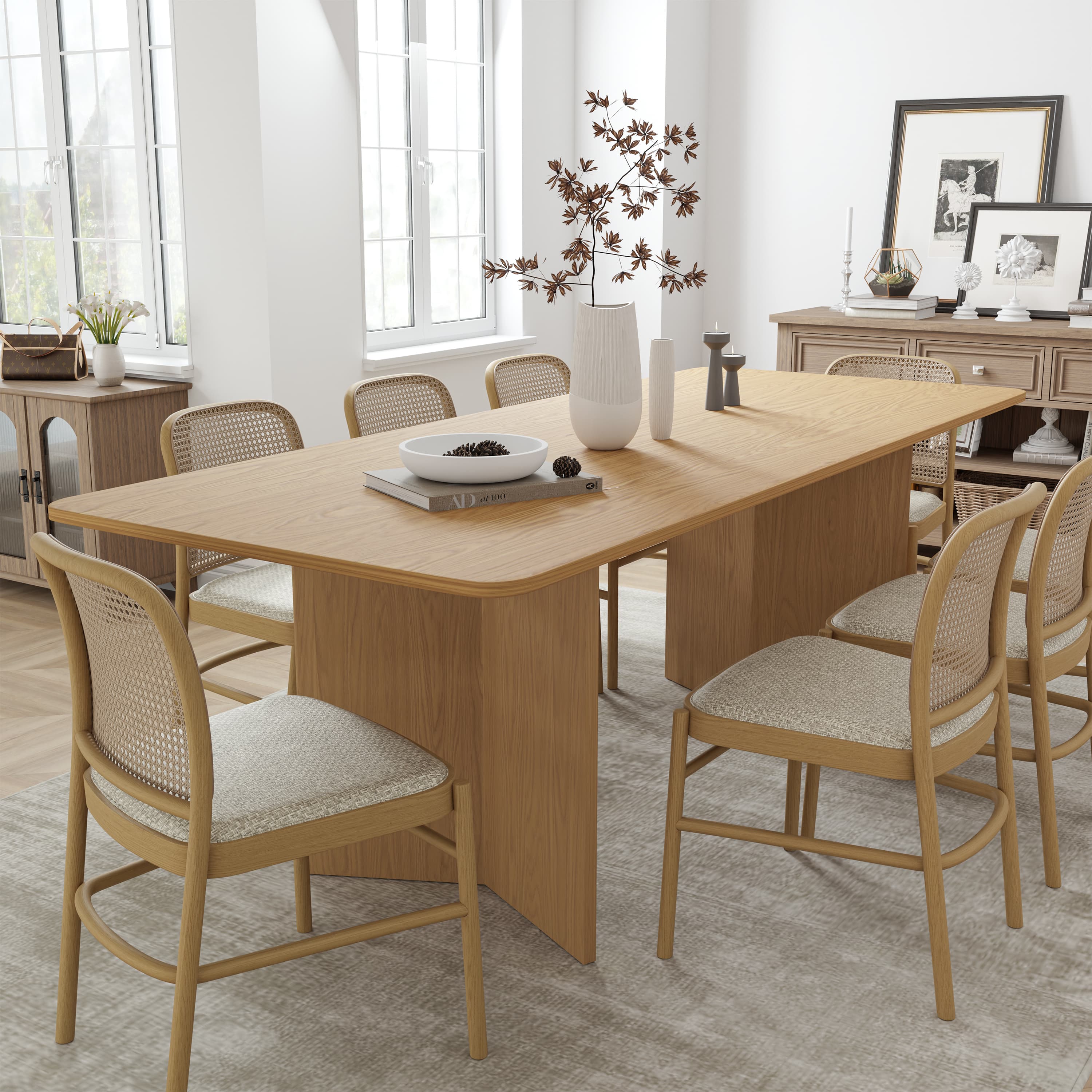 MAYEERTY 79"×33.5"×30" Natural Wood Square Dining Table - V-Shaped Legs, Compact for Apartments