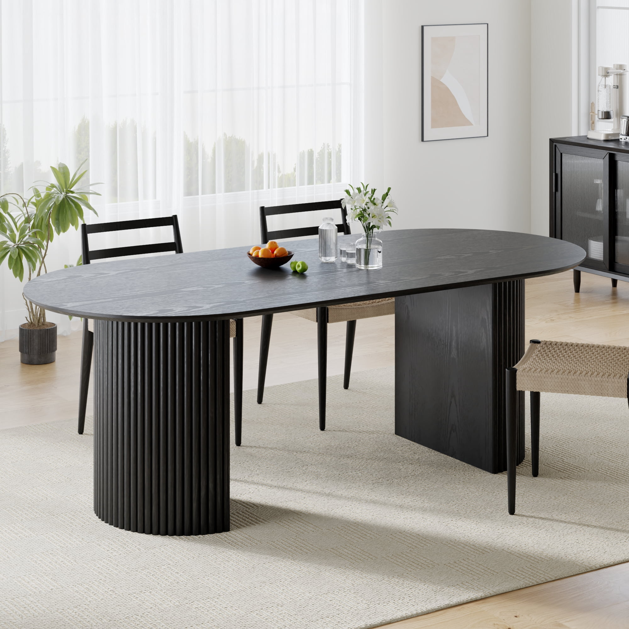 MAYEERTY 79*33.5*30"Oval Black Dining Table with Beveled Edge Top & Convex Fine-Striped Cylinder Split Base