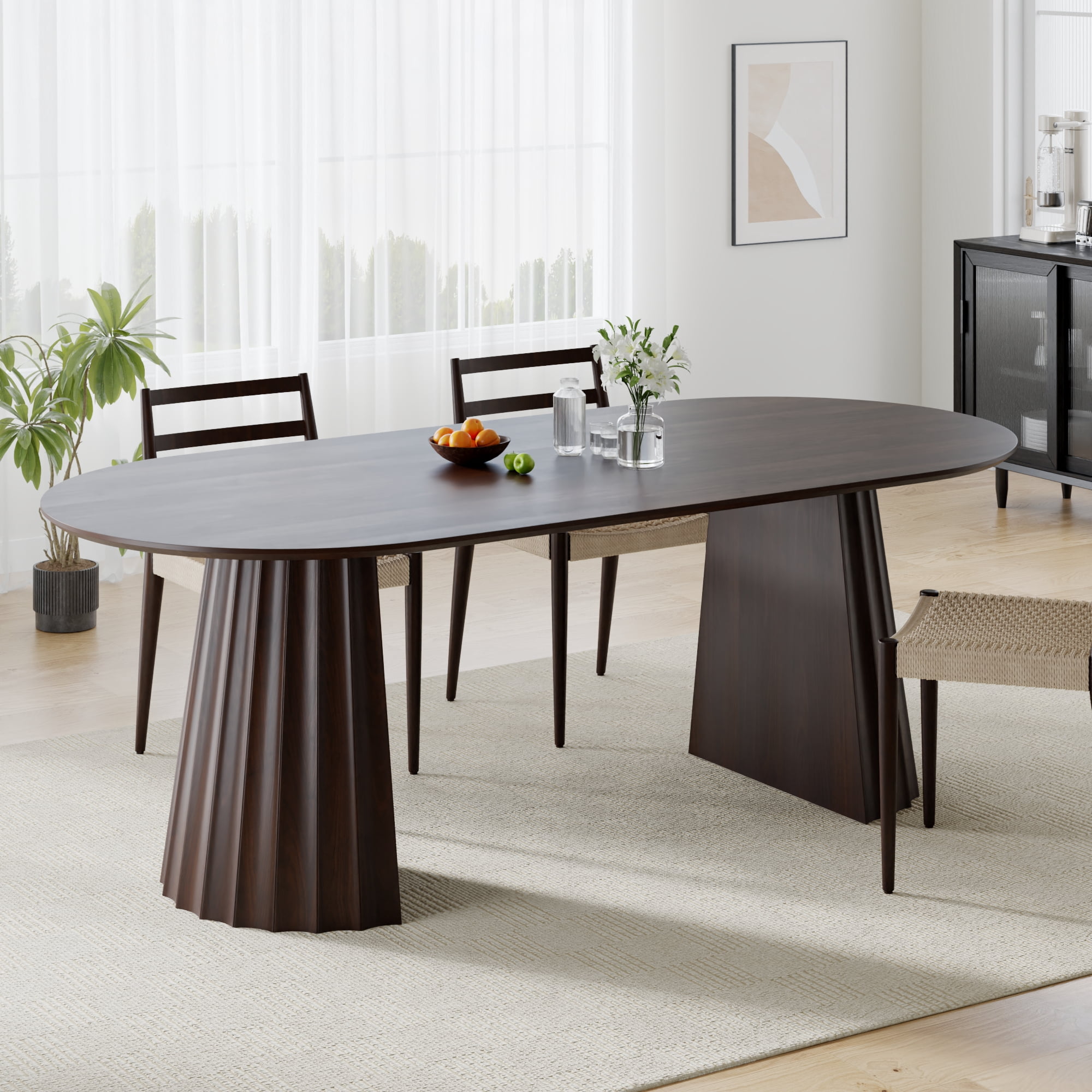MAYEERTY 79*33.5*30"Oval Walnut Dining Table with Beveled Edge Top & Concave Wide-Striped Cone Split Base