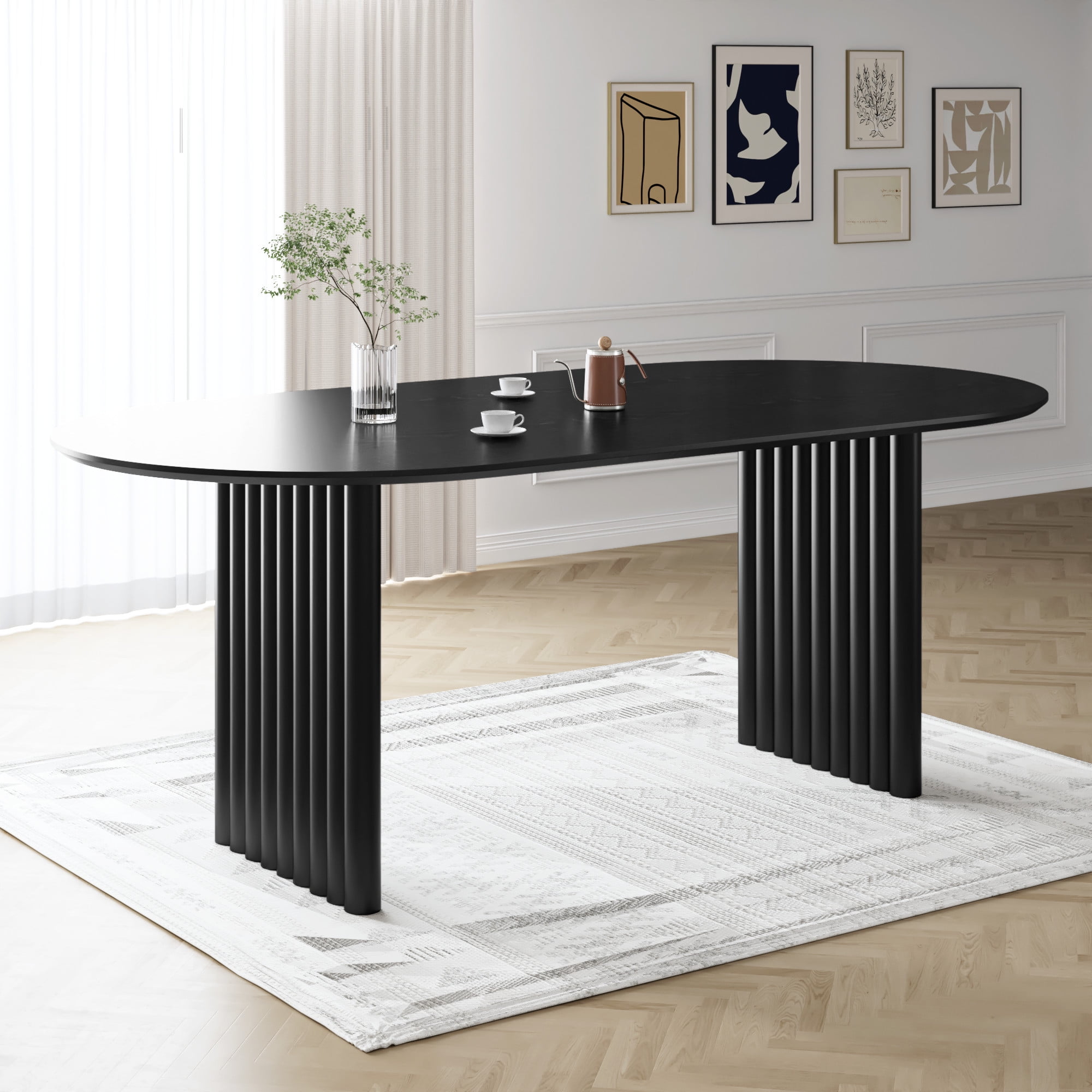 MAYEERTY 79"×40"×30" Black Oval Dining Table - Flat Striped Legs, Sturdy for Family Dining