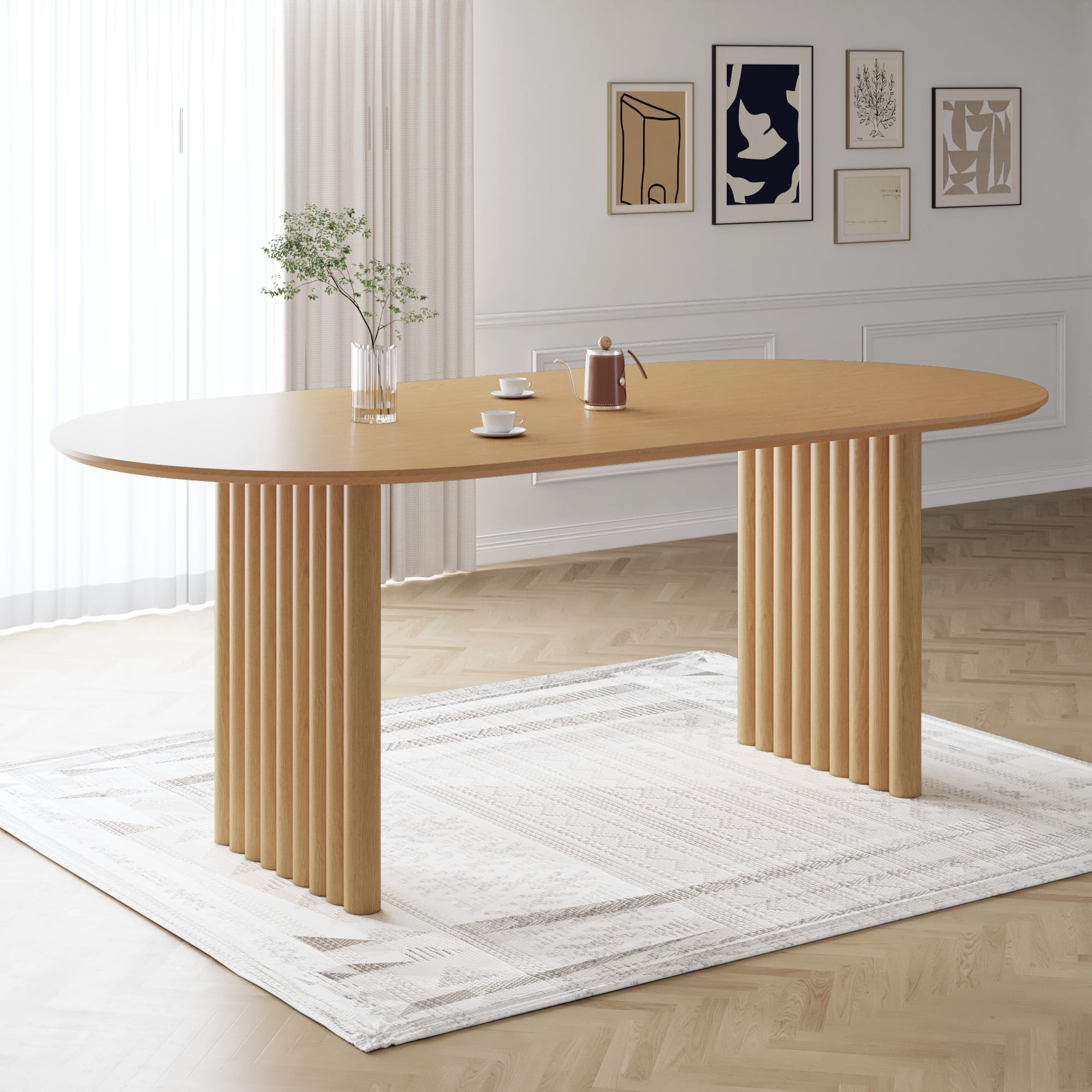 MAYEERTY 79"×40"×30" Natural Wood Oval Dining Table - Flat Striped Legs, Roomy for 2-4 People