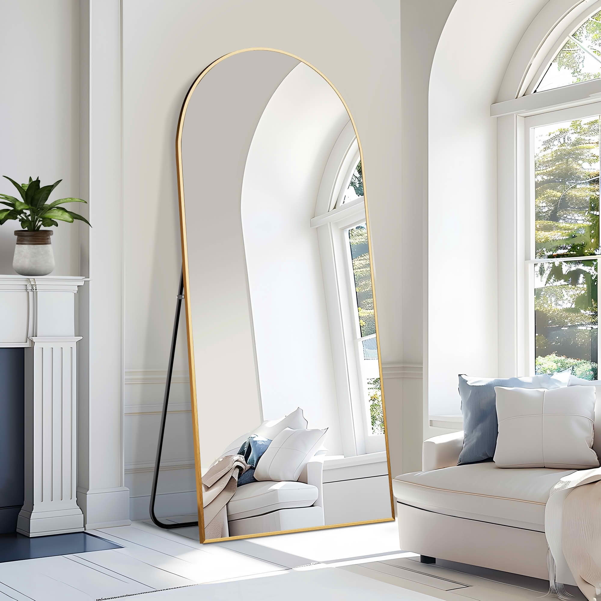 MAYEERTY 79x35x1 Inch Gold Thin Edge Aluminum Right Angle Arched Full Length Mirror with Stand for Bedroom