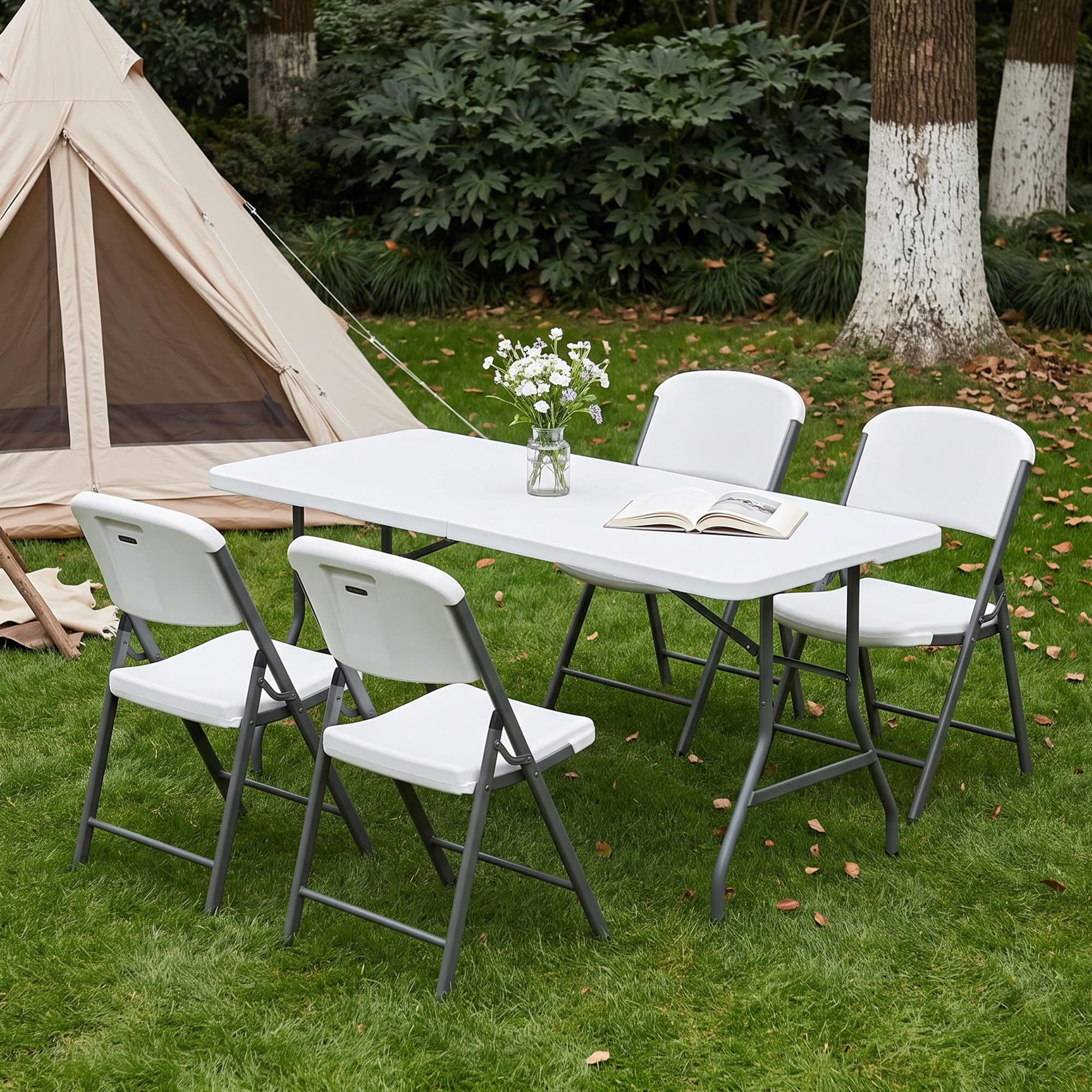 MAYEERTY 5FT White HDPE Fold-in-Half Folding Table, Powder Coated Steel Frame UV Water Resistant Outdoor Portable Table