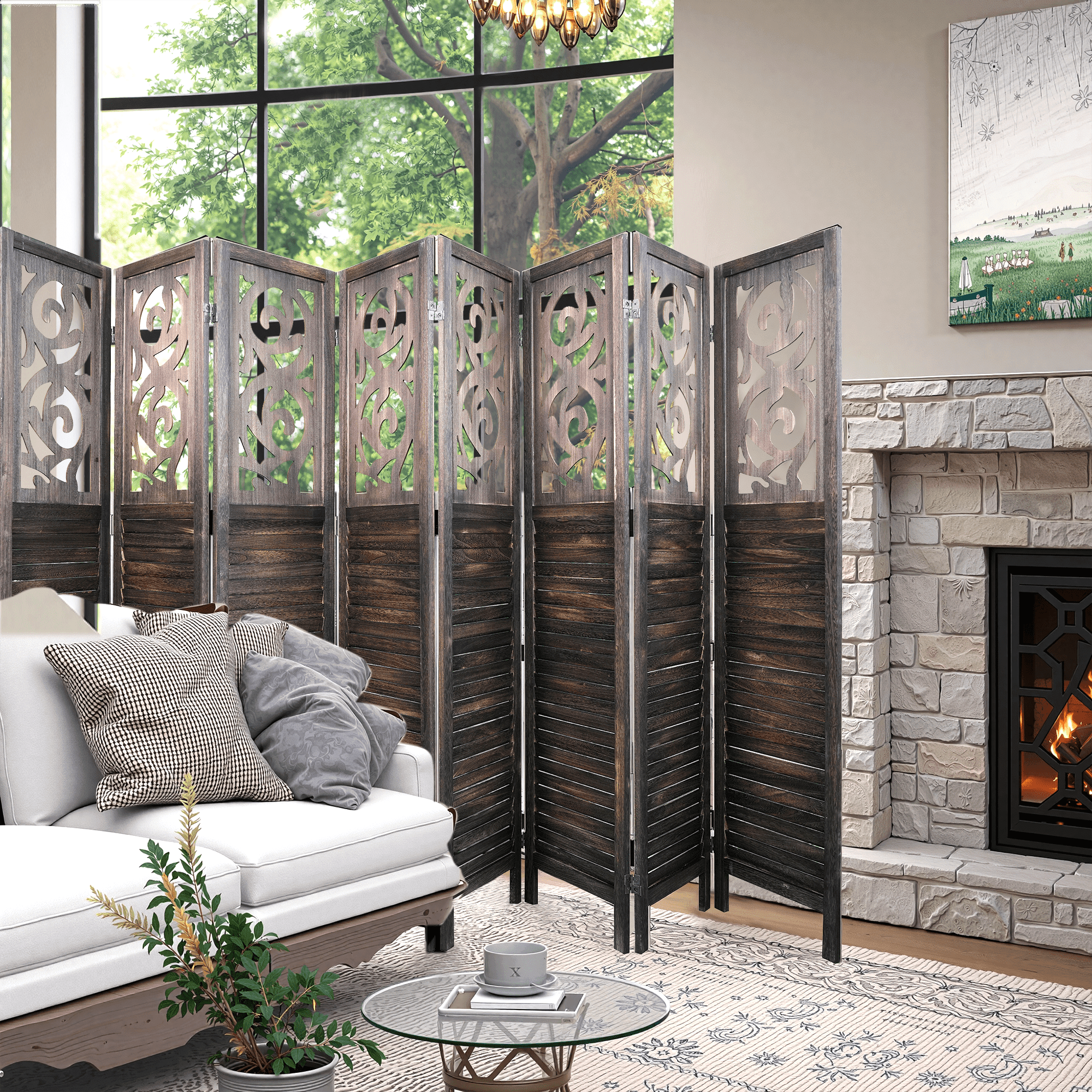 MAYEERTY 8 Panel Freestanding Room Dividers, 6FT Carved Wood Folding Privacy Screens, Rustic Brown