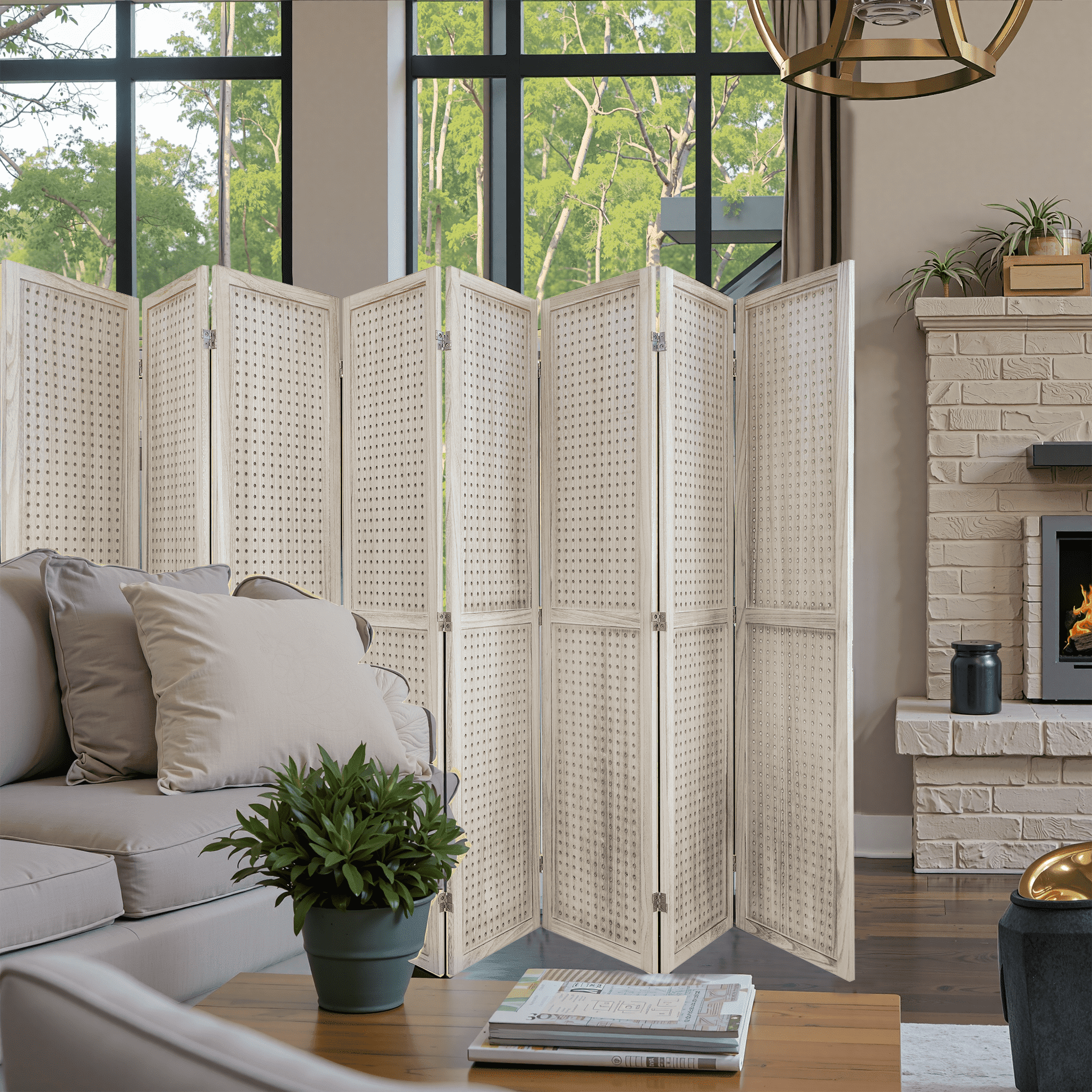 MAYEERTY 8 Panel Room Divider, 5.6Ft Wooden Freestanding Privacy Screen with Shelves, Natural Wood