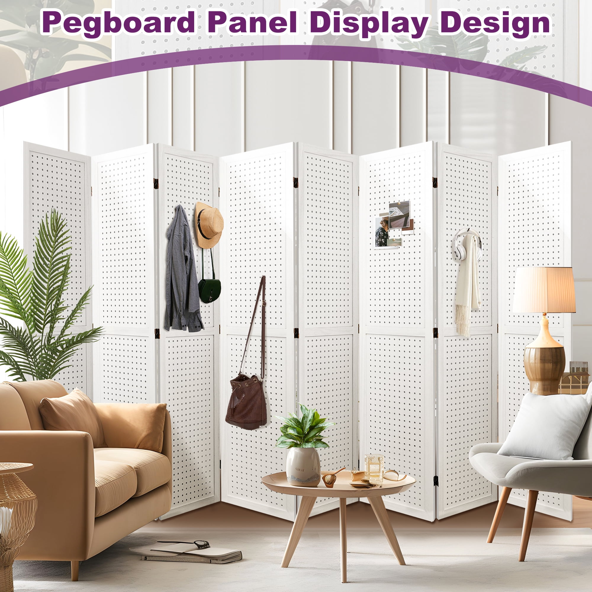 MAYEERTY 8 Panel Wood Pegboard Room Divider, Folding Privacy Screen with Hanging Storage for Bedroom & Office, 67" White
