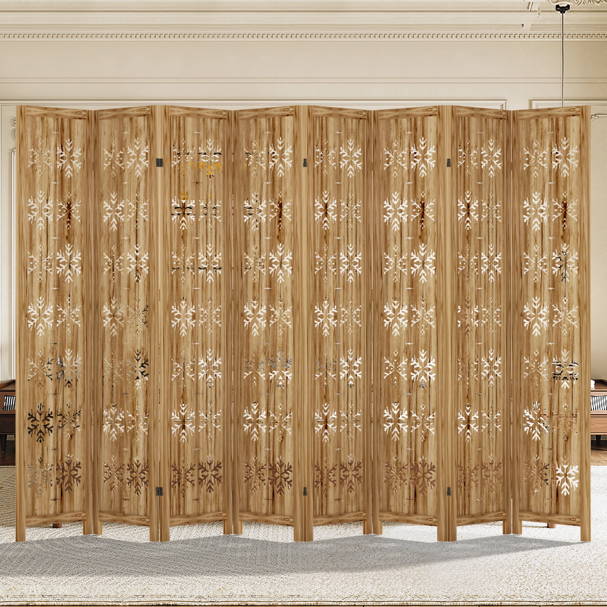 MAYEERTY 8-Piece 67×16" Natural Wood Privacy Panel Screen for Living Room, Snowflake Pattern