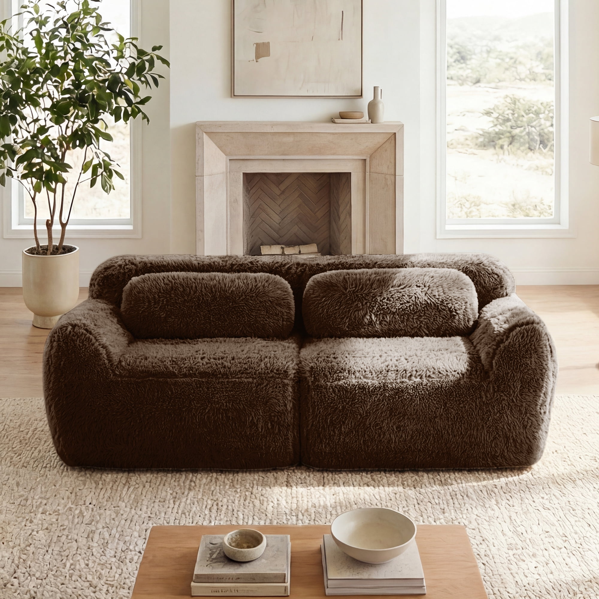 MAYEERTY 80" Chocolate Modular Sectional Sofa, Plush Fabric 32D High Density Foam Non-Slip Base No Assembly Ergonomic Design with Armrest for Living Room