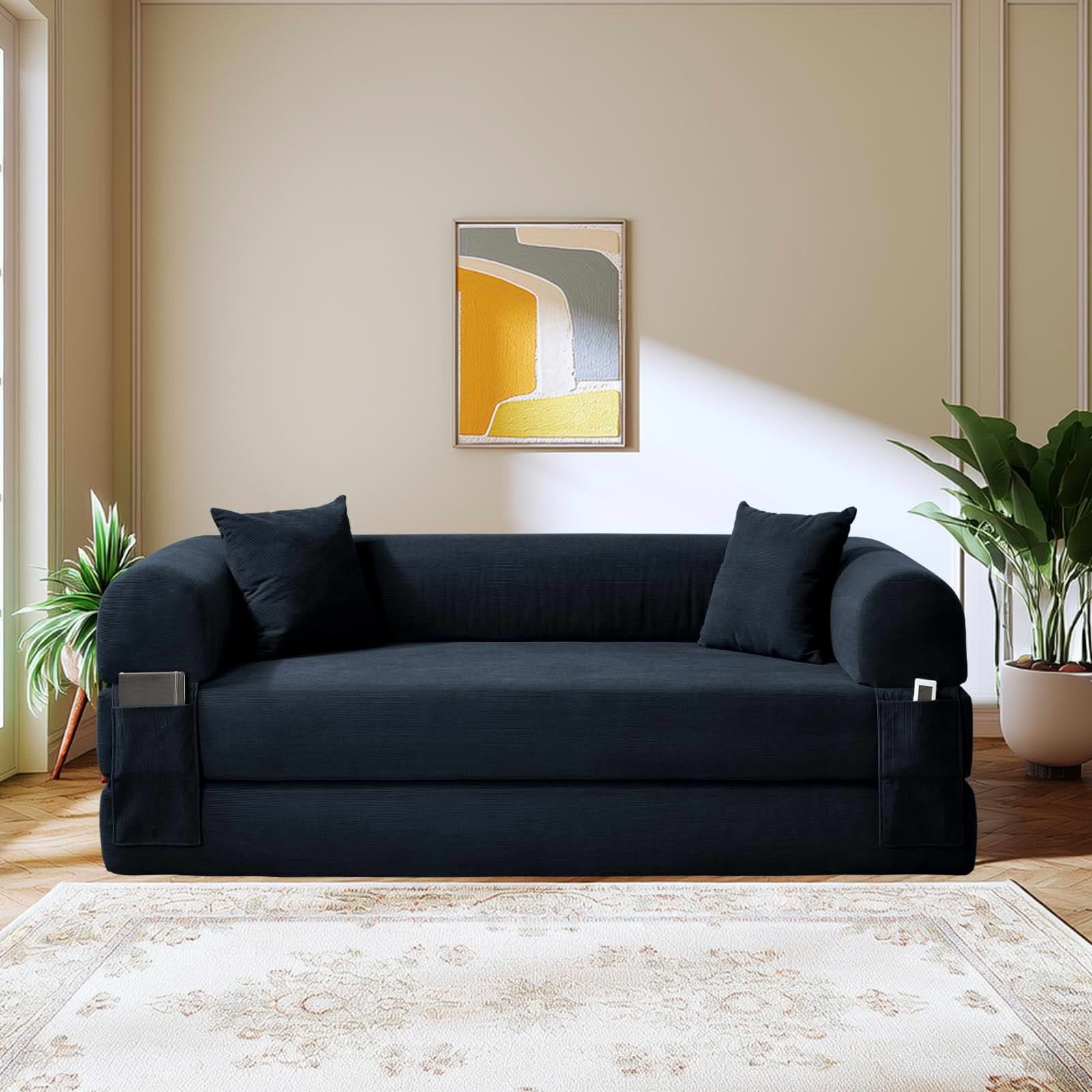 MAYEERTY 80" Dark Blue Corduroy Convertible Sofa Bed, 600lbs Queen Size Fold Out Sleeper Couch with Storage & No Assembly for Living Room