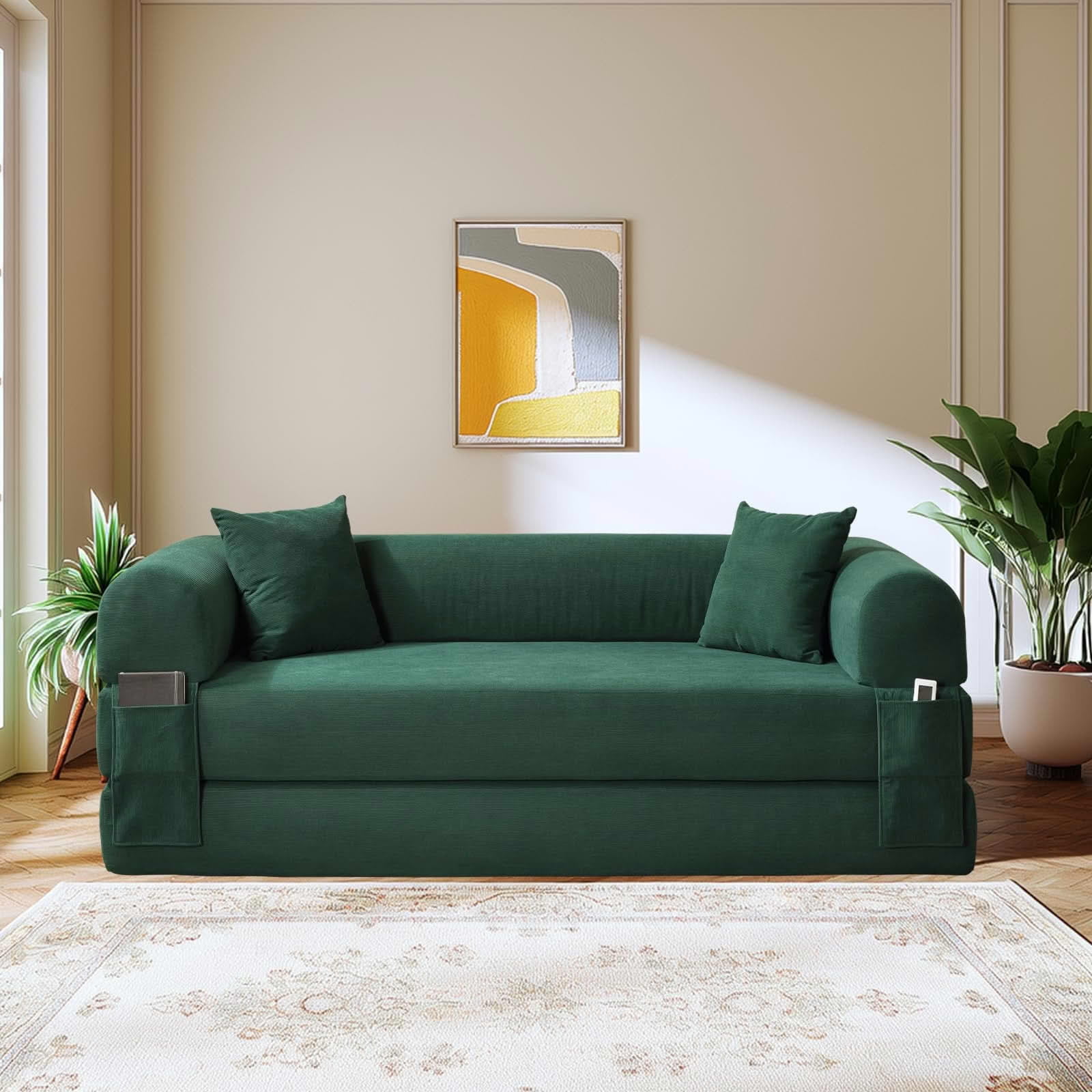 MAYEERTY 80" Dark Green Corduroy Convertible Sofa Bed, 600lbs Queen Size Fold Out Sleeper Couch with Storage & No Assembly for Living Room