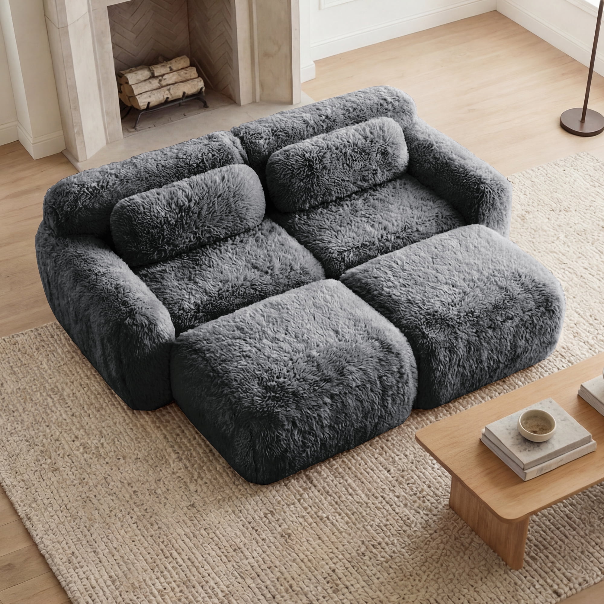 MAYEERTY 80" Gray Boneless Sofa, Plush Fabric 32D Foam Non-Slip Base No Assembly Deep Seat with Chaise Free Combination for Study