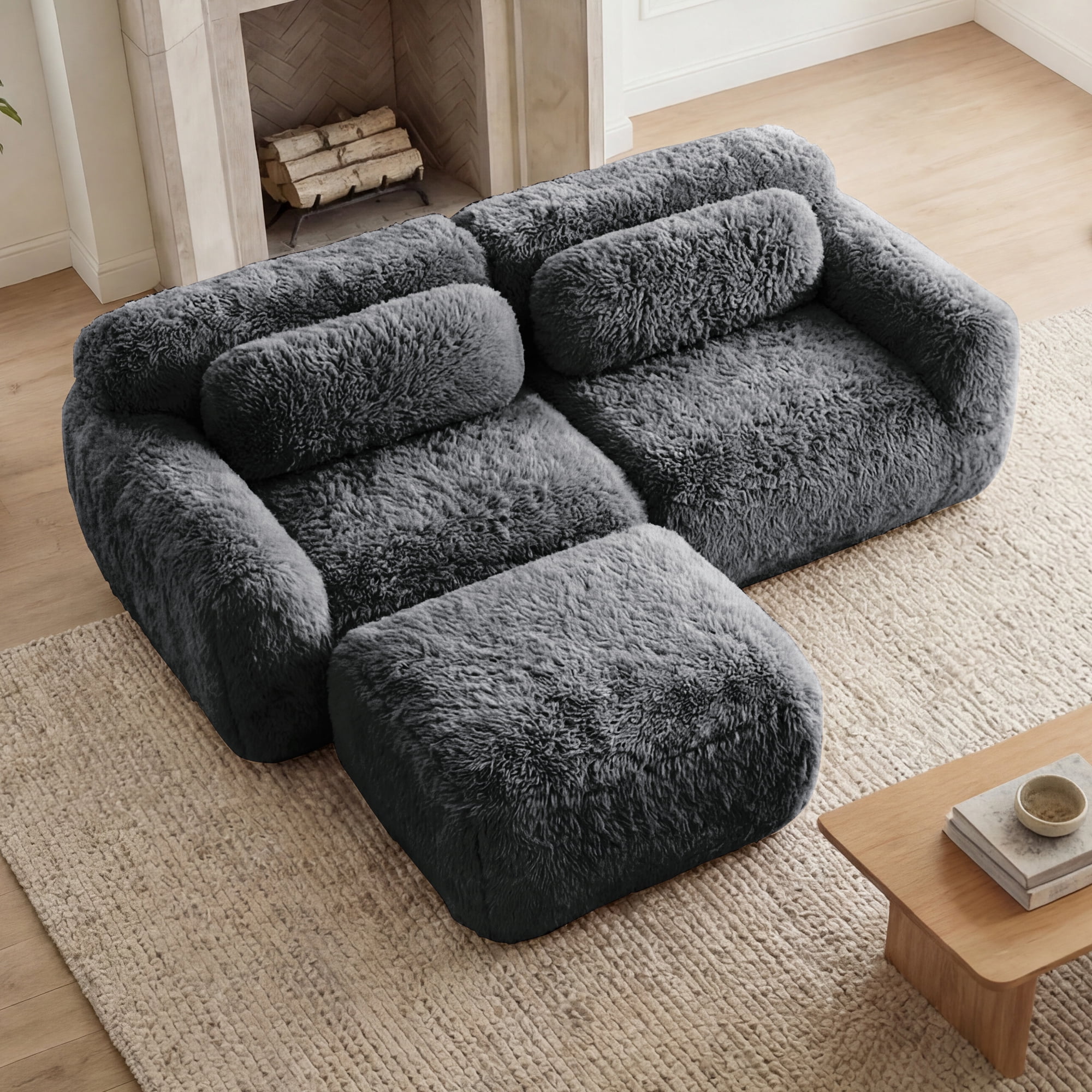MAYEERTY 80" Gray L-Shaped Boneless Sofa, Plush Fabric 32D Foam Non-Slip Base No Assembly Ergonomic with Chaise & Pillows for Bedroom