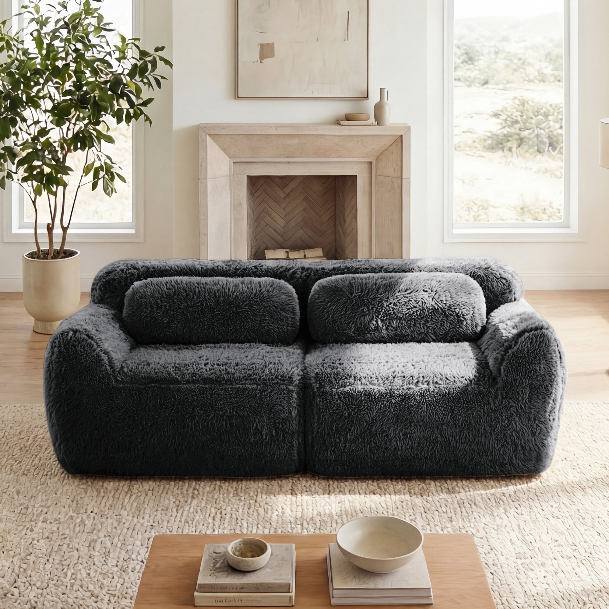 MAYEERTY 80" Gray Plush 2-Seater Modular Sectional Sofa, 32D High Density Foam Non Slip Base No Assembly with Pillows for Living Room