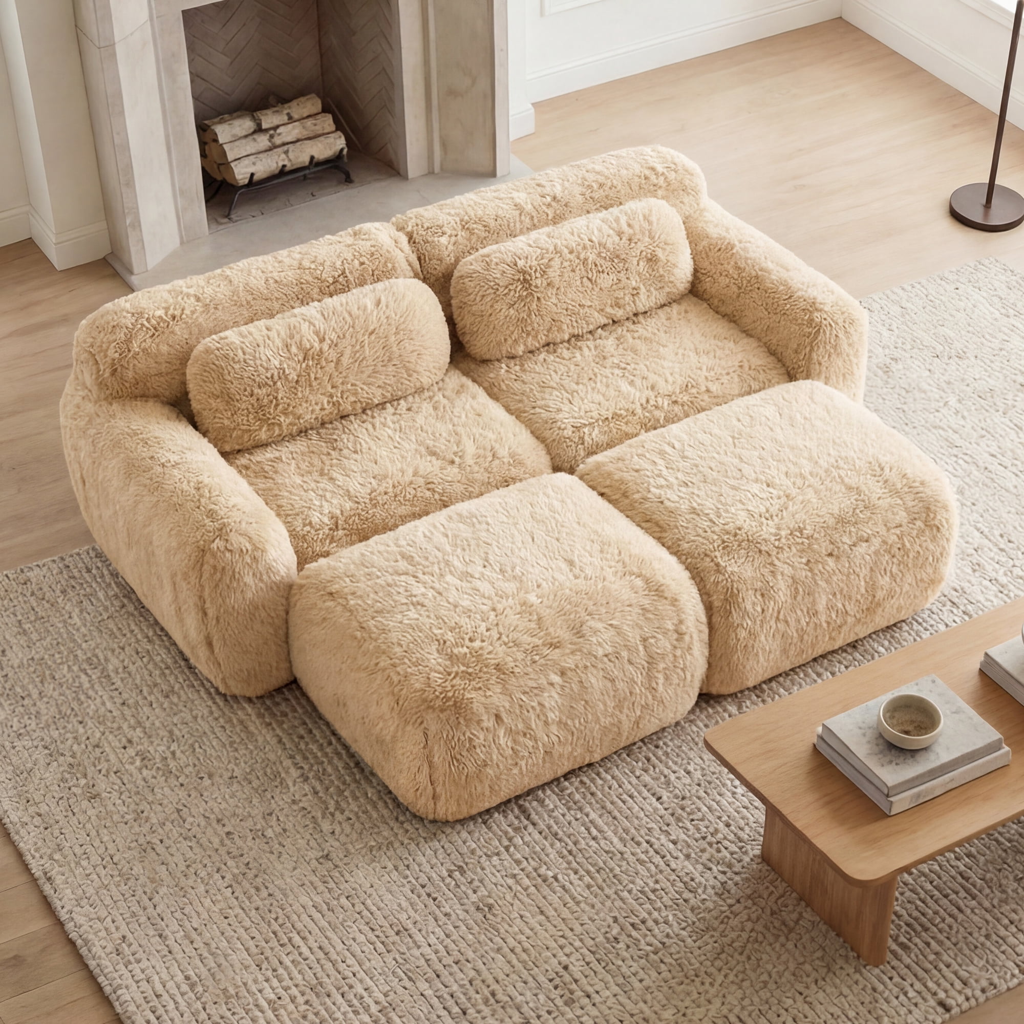 MAYEERTY 80" Khaki Boneless Sofa, Plush Fabric 32D Foam Non-Slip Base No Assembly Deep Seat with Chaise Free Combination for Study