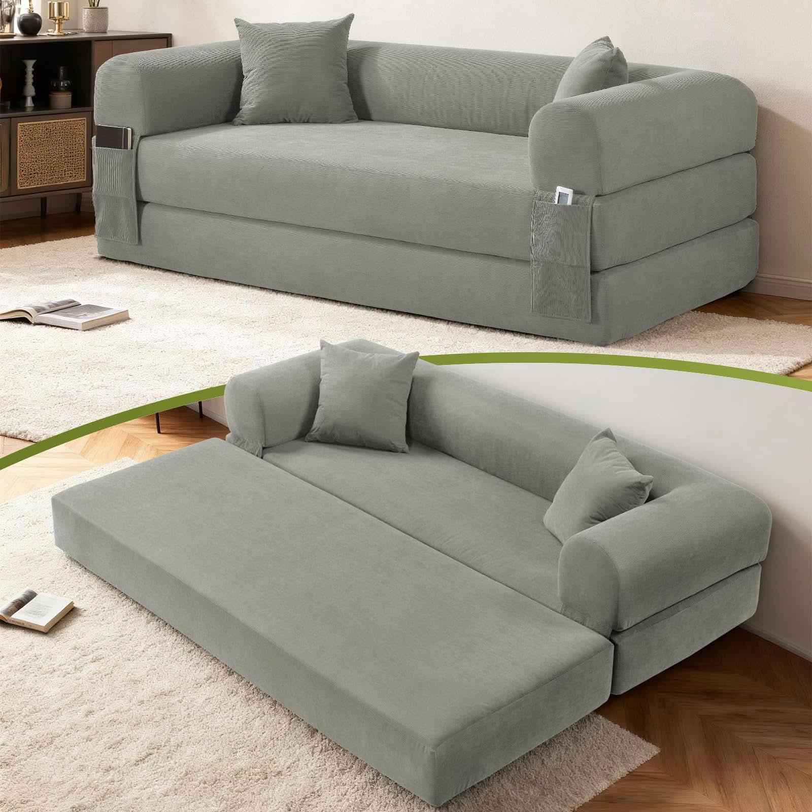 MAYEERTY 80" Light Gray Corduroy Convertible Sofa Bed, 600lbs Queen Size Fold Out Sleeper Couch with Storage & No Assembly for Living Room