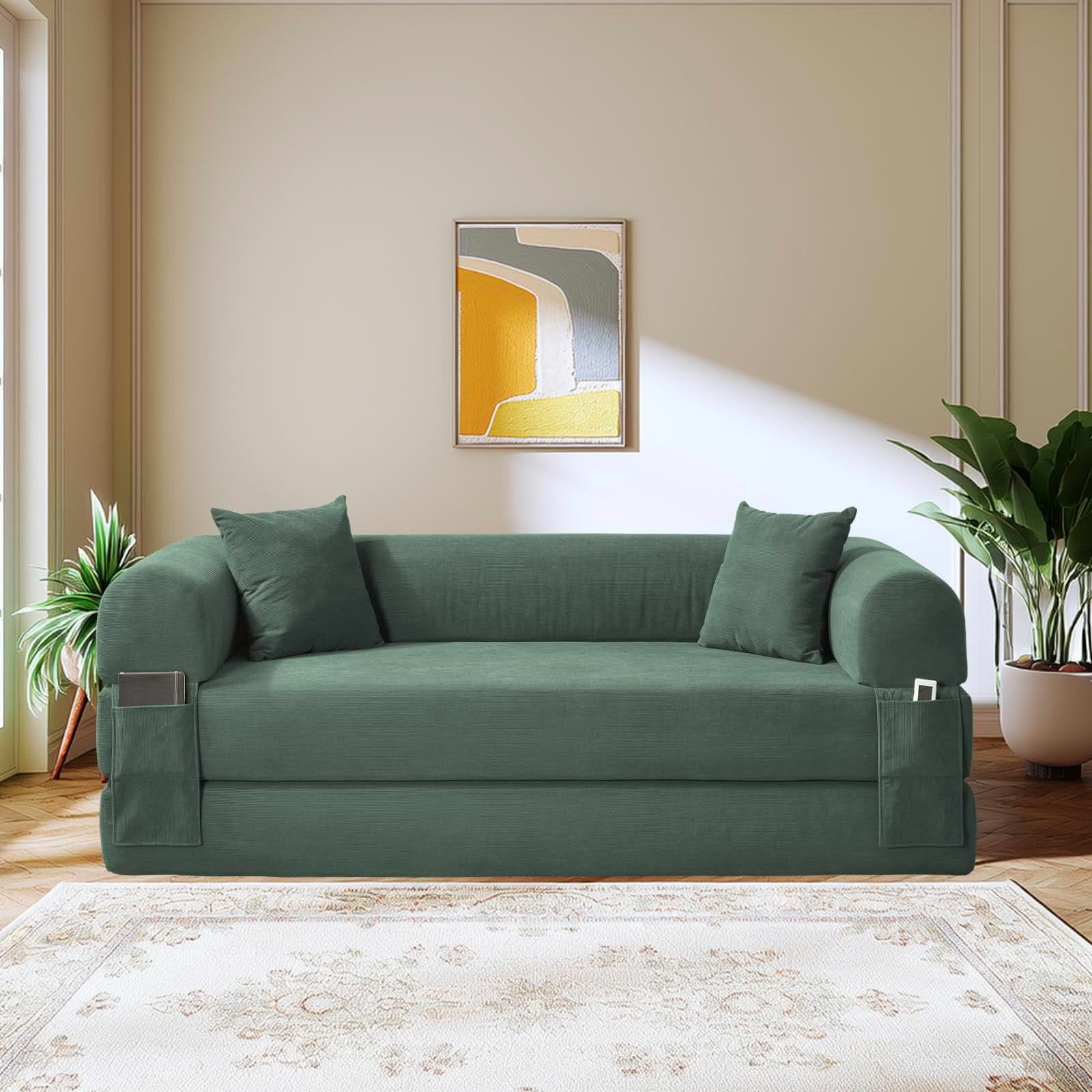 MAYEERTY 80" Light Green Corduroy Convertible Sofa Bed, 600lbs Queen Size Fold Out Sleeper Couch with Storage & No Assembly for Living Room