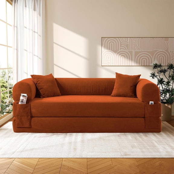 MAYEERTY 80" Orange Corduroy Convertible Sofa Bed, 600lbs Queen Size Fold Out Sleeper Couch with Storage & No Assembly for Living Room